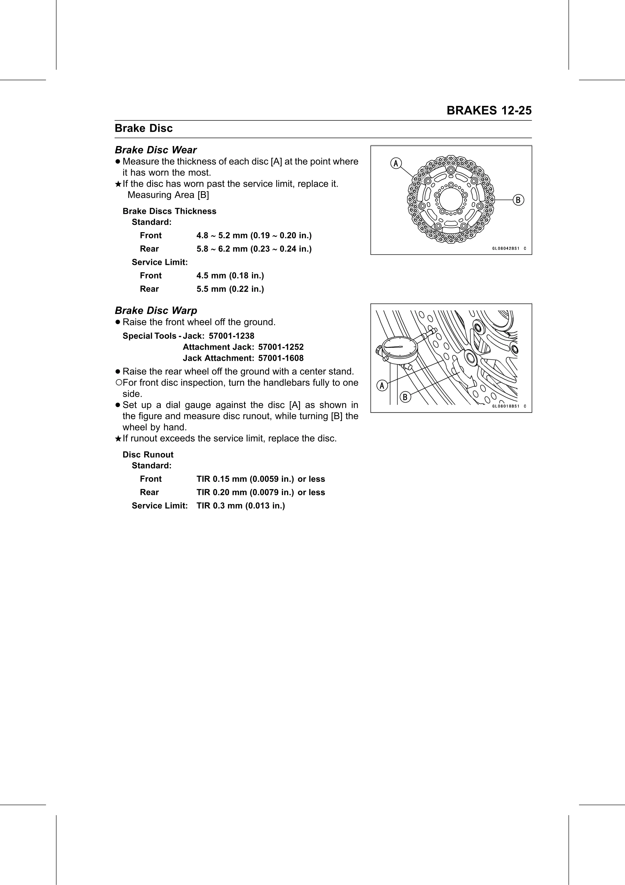 Service Manual (KLZ1000C) page 365 — Brakes › Brake Disc Warp