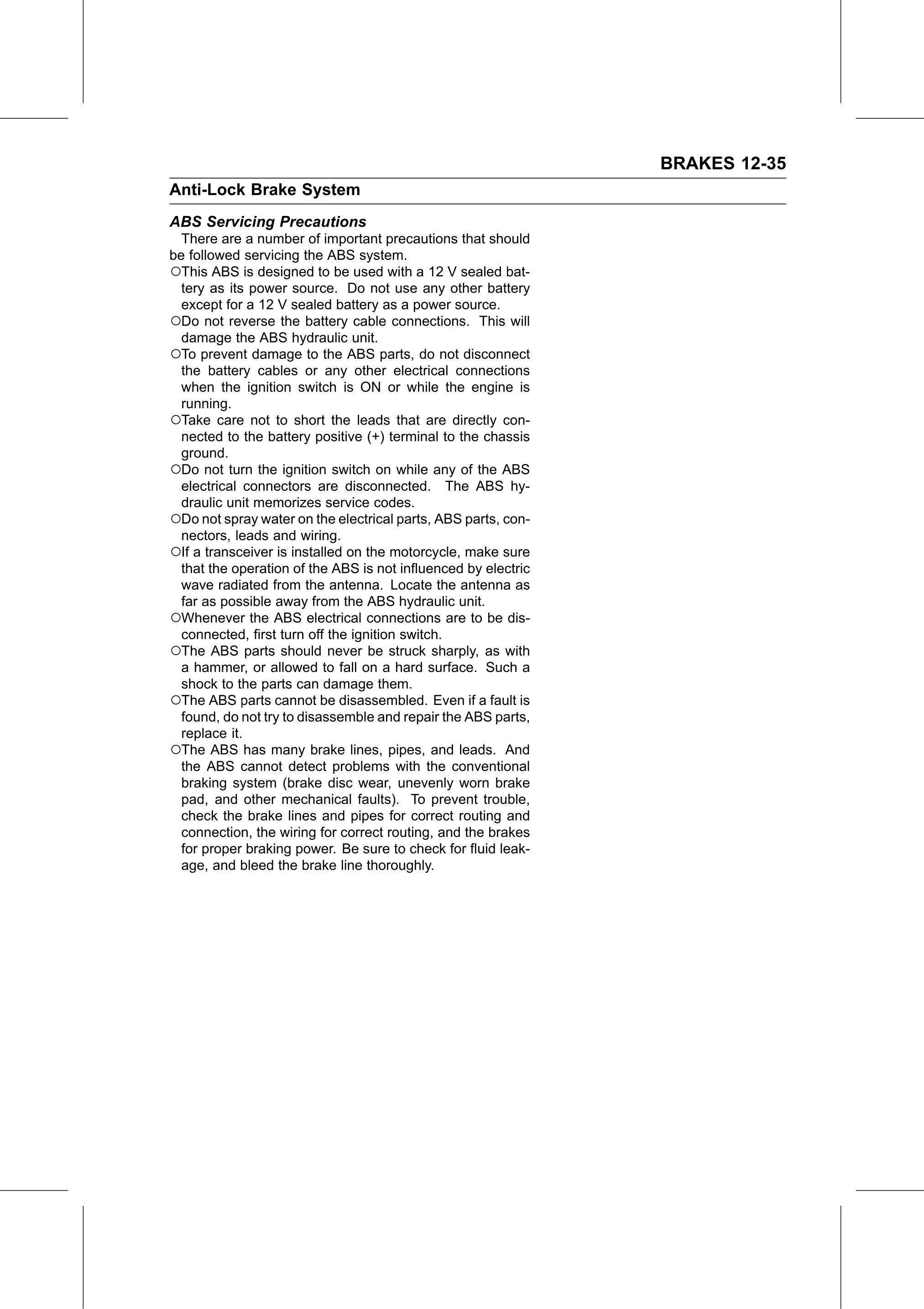 Service Manual (KLZ1000C) page 375 — Brakes › ABS Servicing Precautions