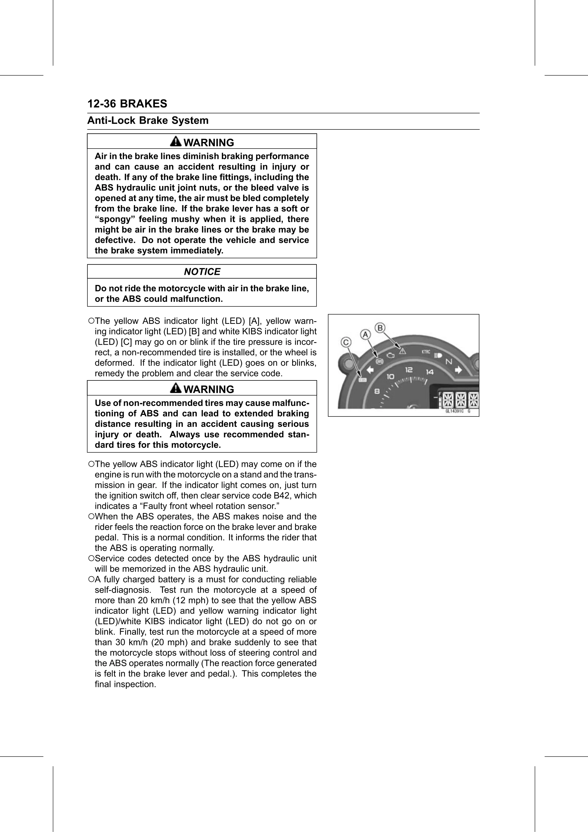 Service Manual (KLZ1000C) page 376 — Brakes › ABS Servicing Precautions