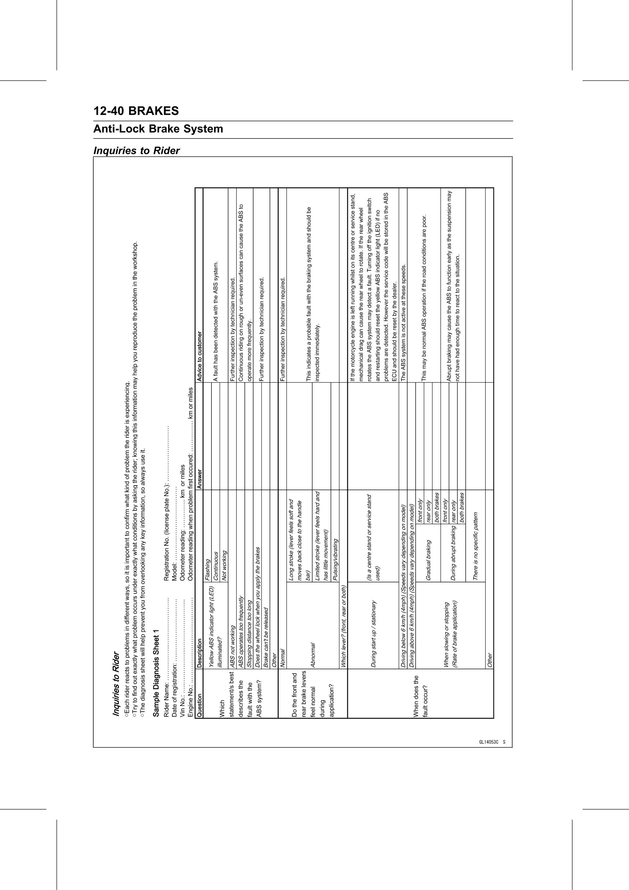 Service Manual (KLZ1000C) page 380 — Brakes › Inquiries to Rider