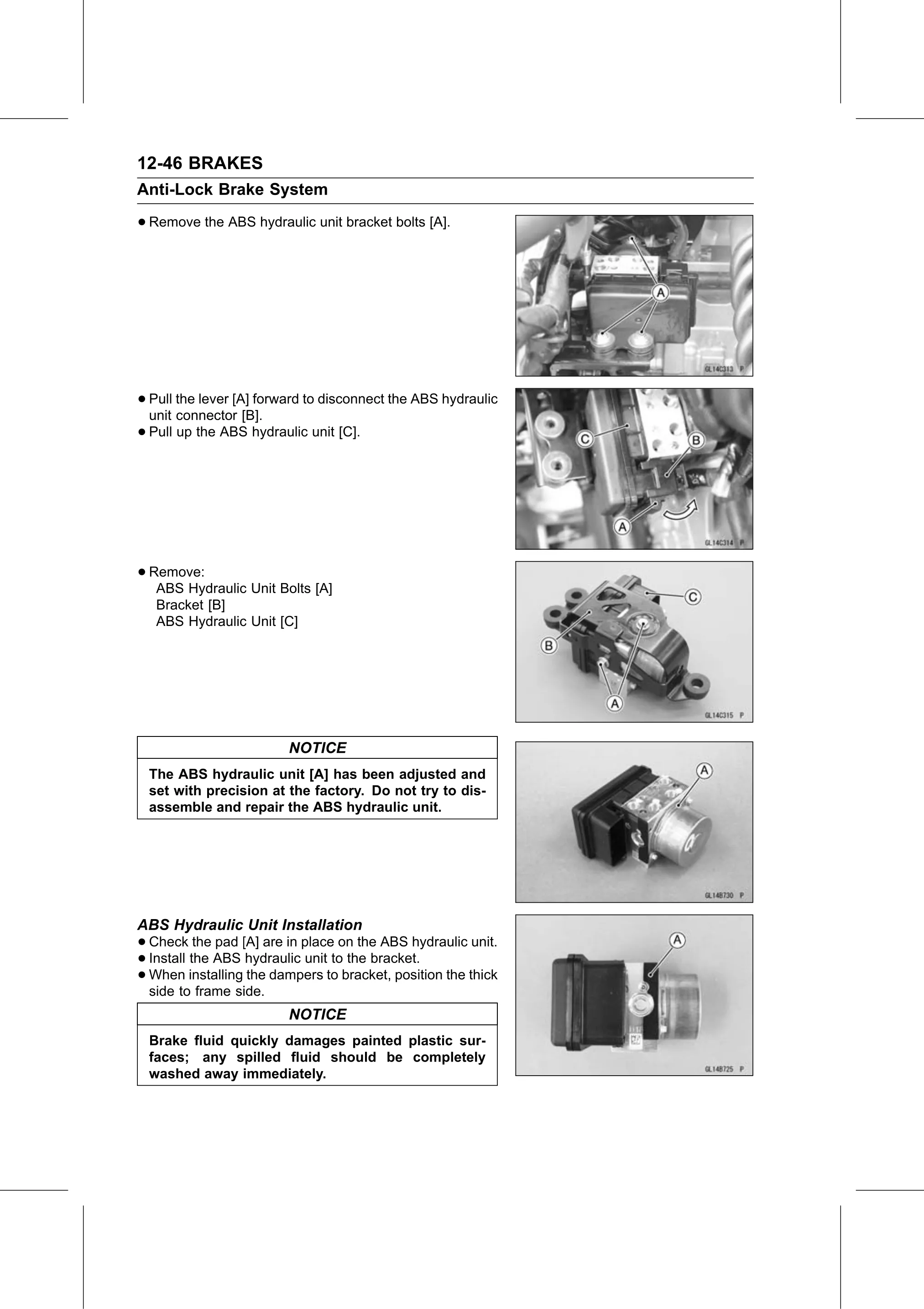 Service Manual (KLZ1000C) page 386 — Brakes › ABS Hydraulic Unit Installation