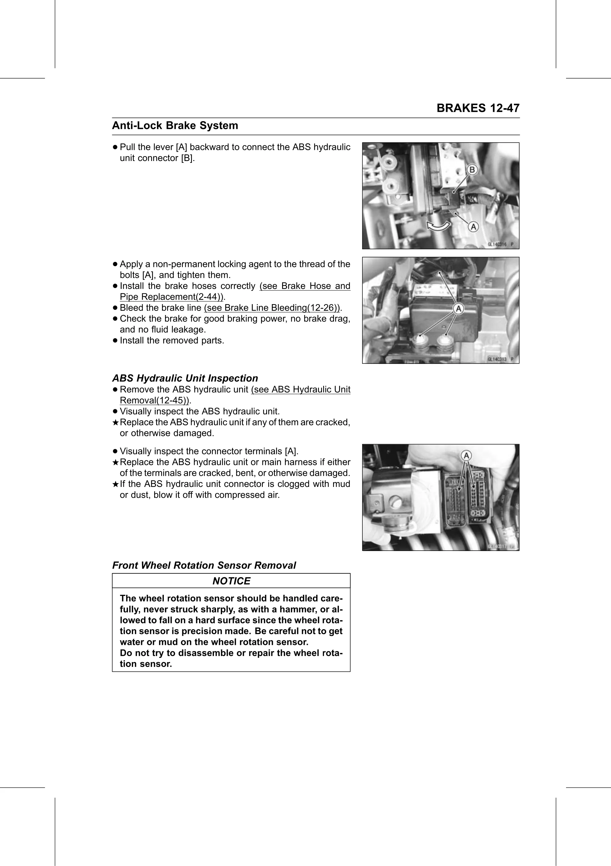 Service Manual (KLZ1000C) page 387 — Brakes › Front Wheel Rotation Sensor Removal