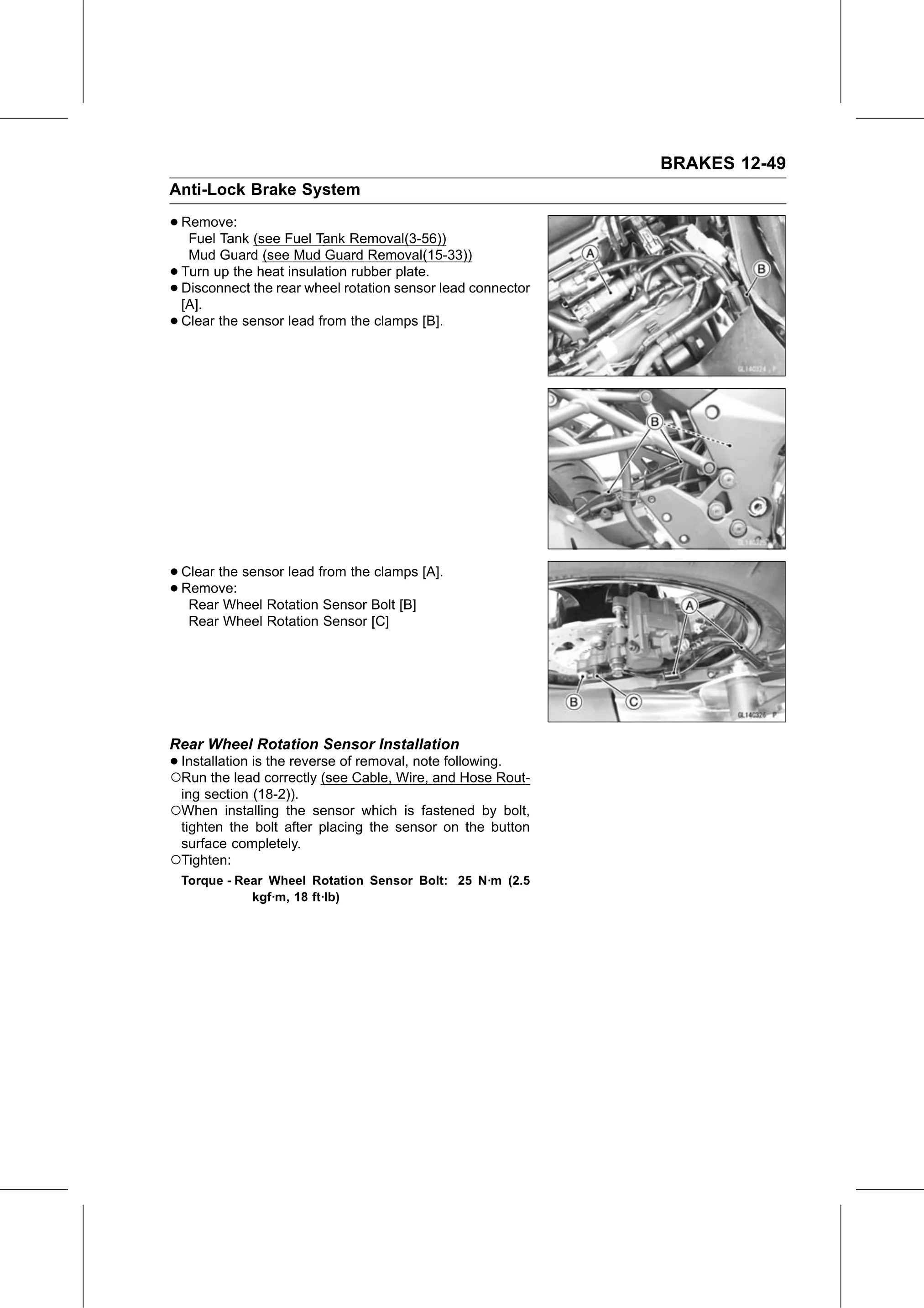 Service Manual (KLZ1000C) page 389 — Brakes › Rear Wheel Rotation Sensor Installation