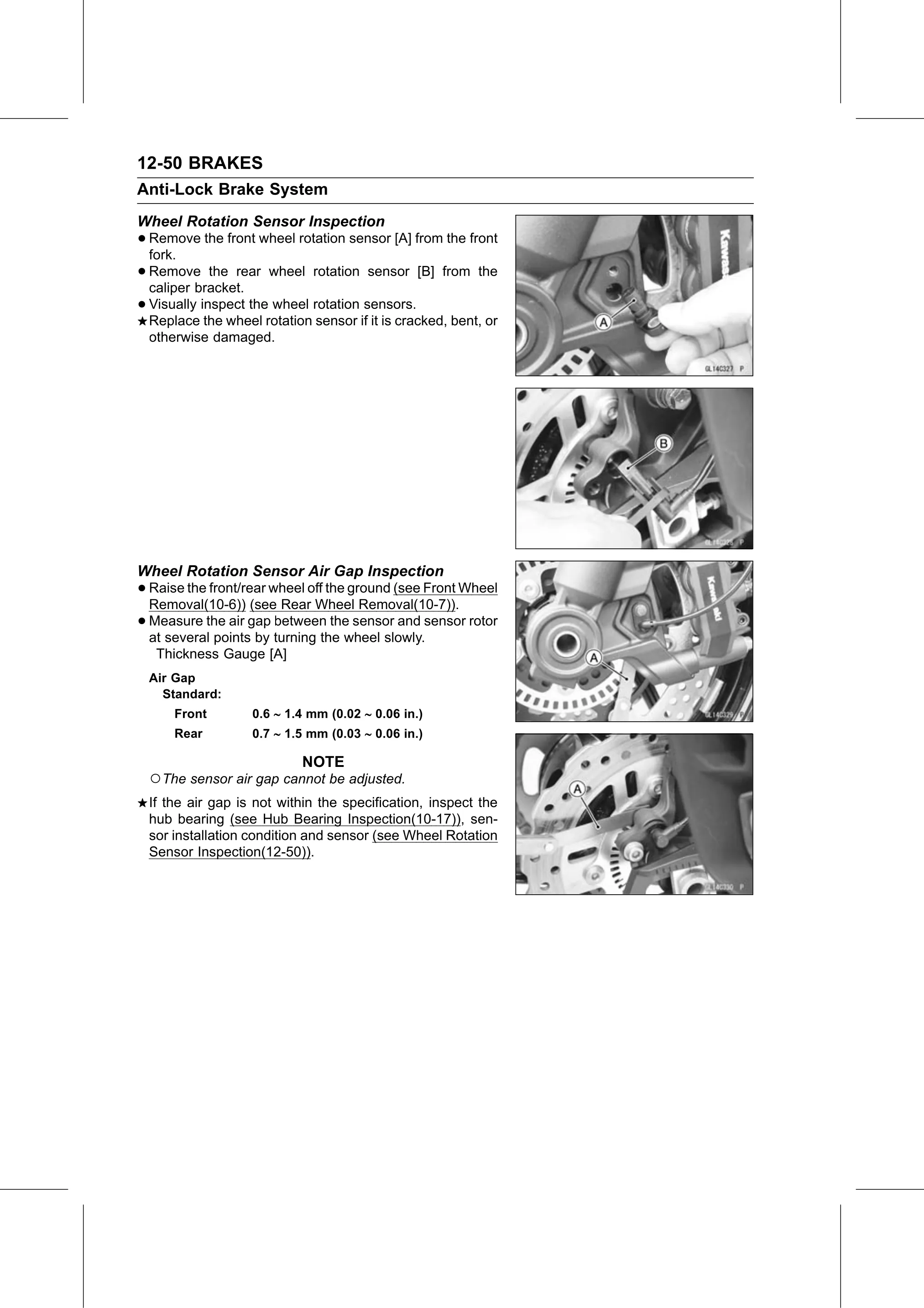 Service Manual (KLZ1000C) page 390 — Brakes › Wheel Rotation Sensor Air Gap Inspection