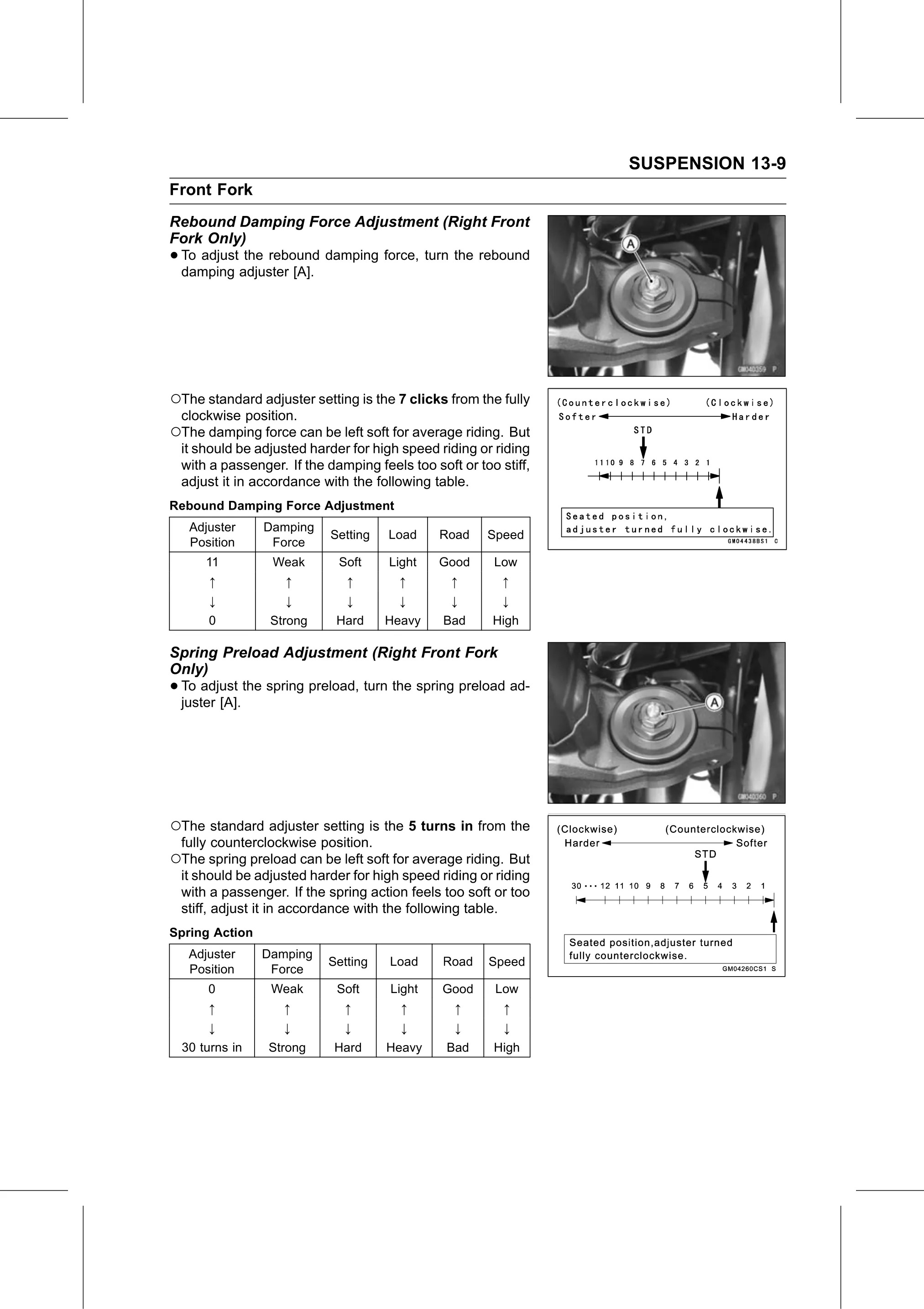 Service Manual (KLZ1000C) page 401 — Suspension › Spring Preload Adjustment (Right Front Fork Only)