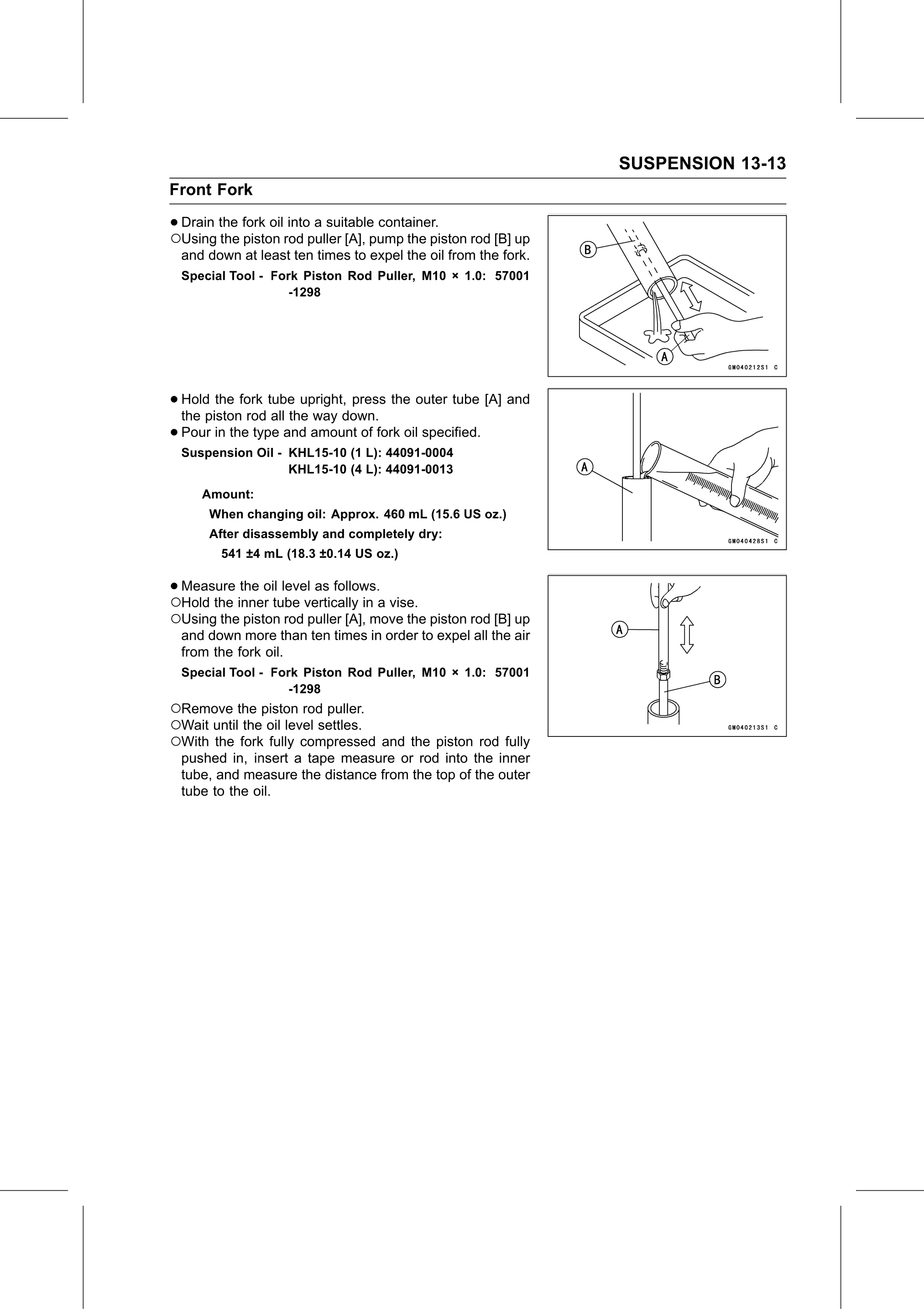 Service Manual (KLZ1000C) page 405 — Suspension › Front Fork Oil Change