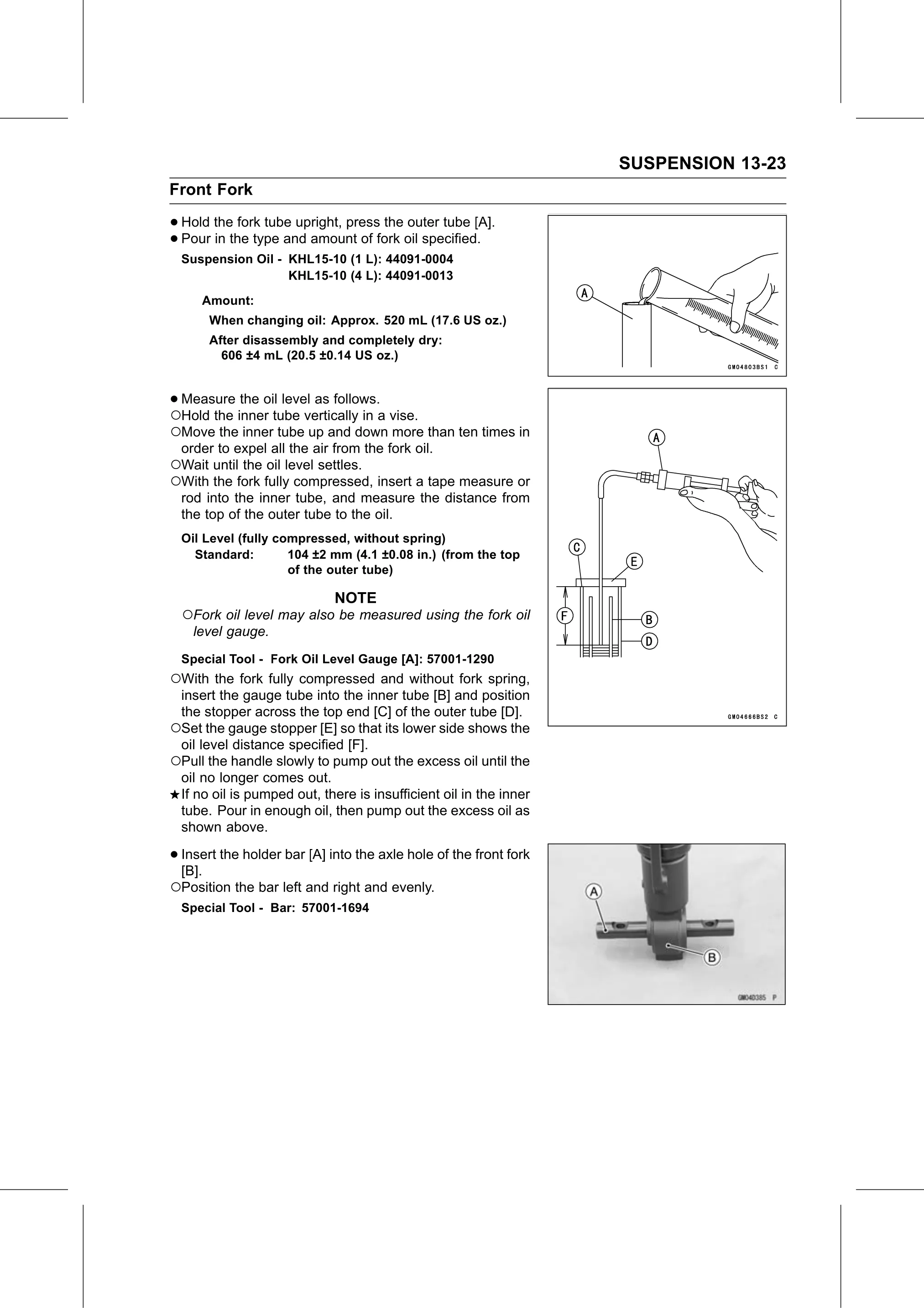 Service Manual (KLZ1000C) page 415 — Suspension › Front Fork Oil Change