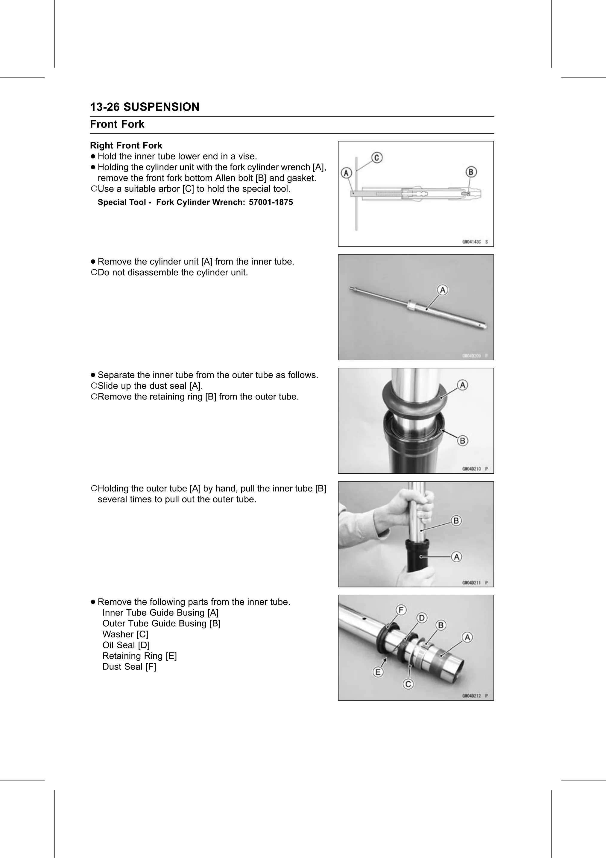 Service Manual (KLZ1000C) page 418 — Suspension › Front Fork Disassembly