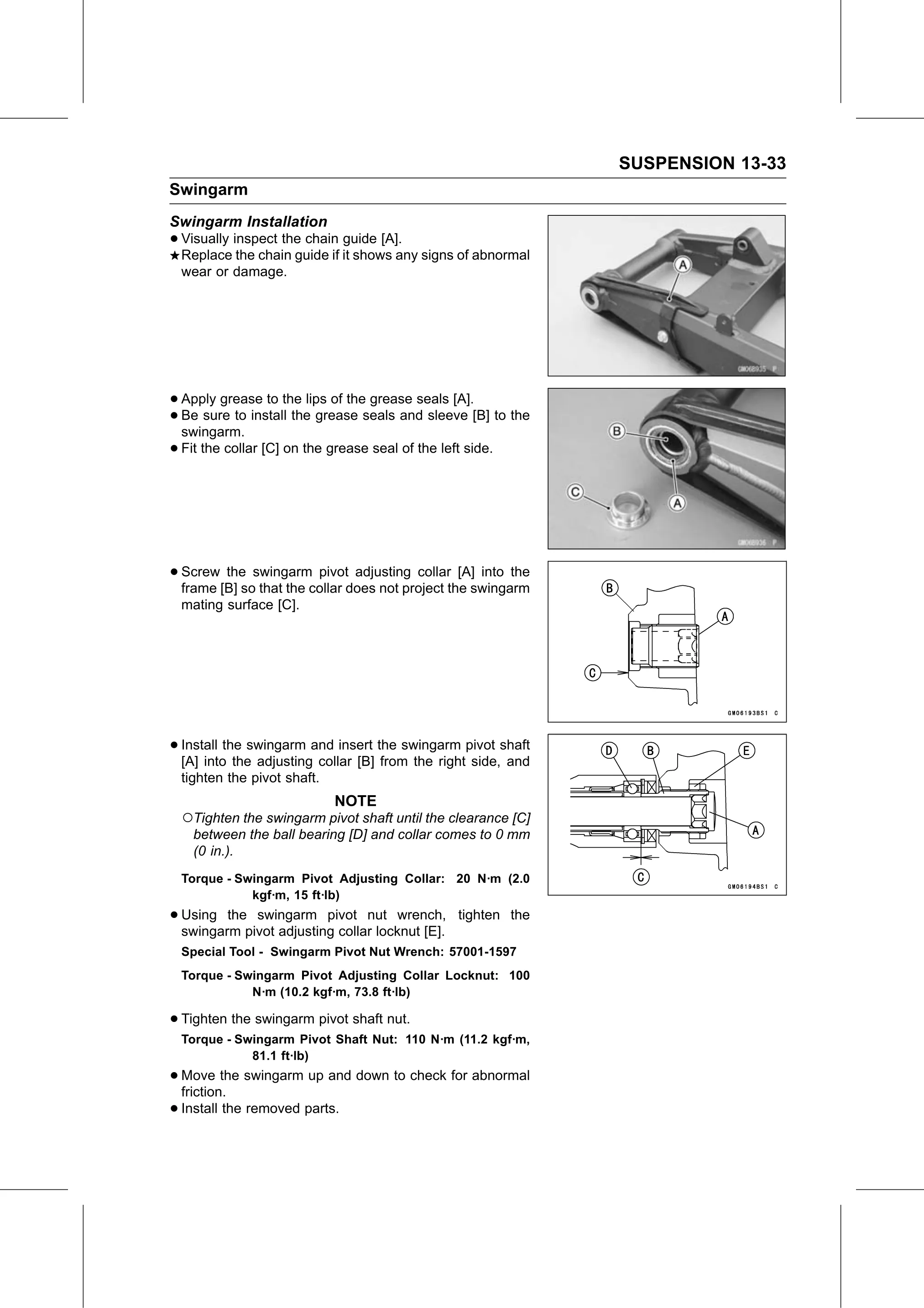 Service Manual (KLZ1000C) page 425 — Suspension › Swingarm Installation