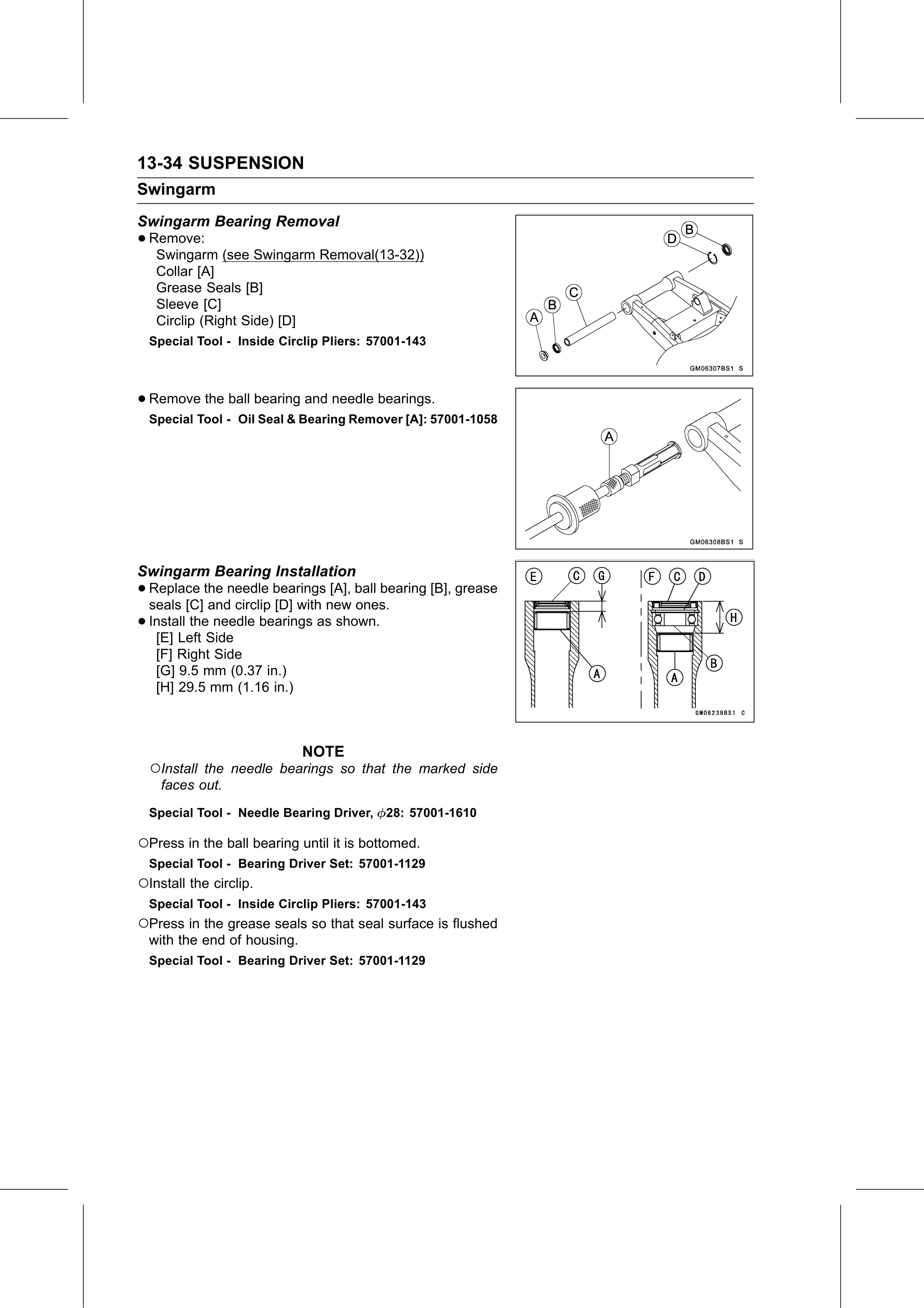 Service Manual (KLZ1000C) page 426 — Suspension › Swingarm Bearing Installation