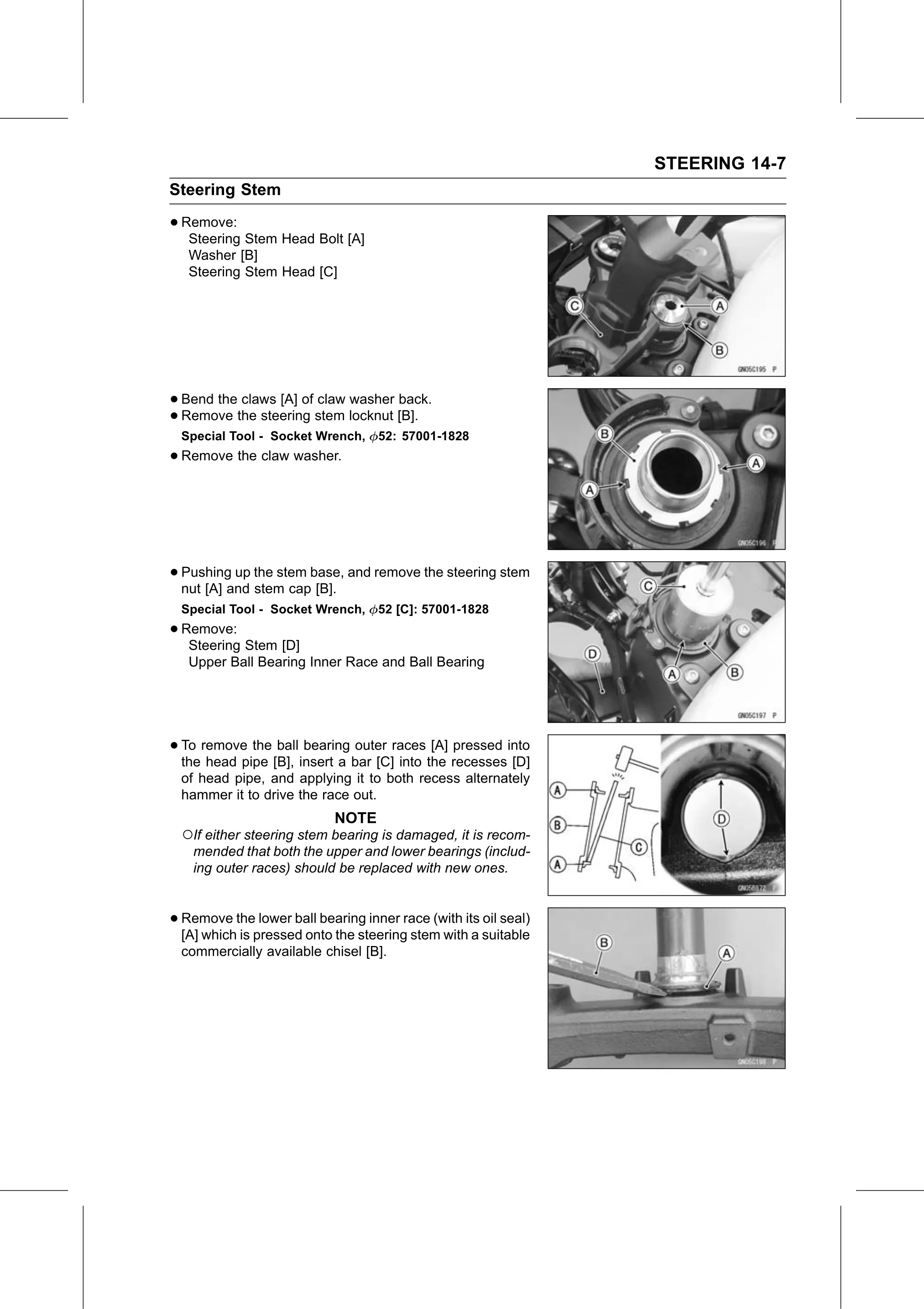 Service Manual (KLZ1000C) page 437 — Steering › Stem, Stem Bearing Removal