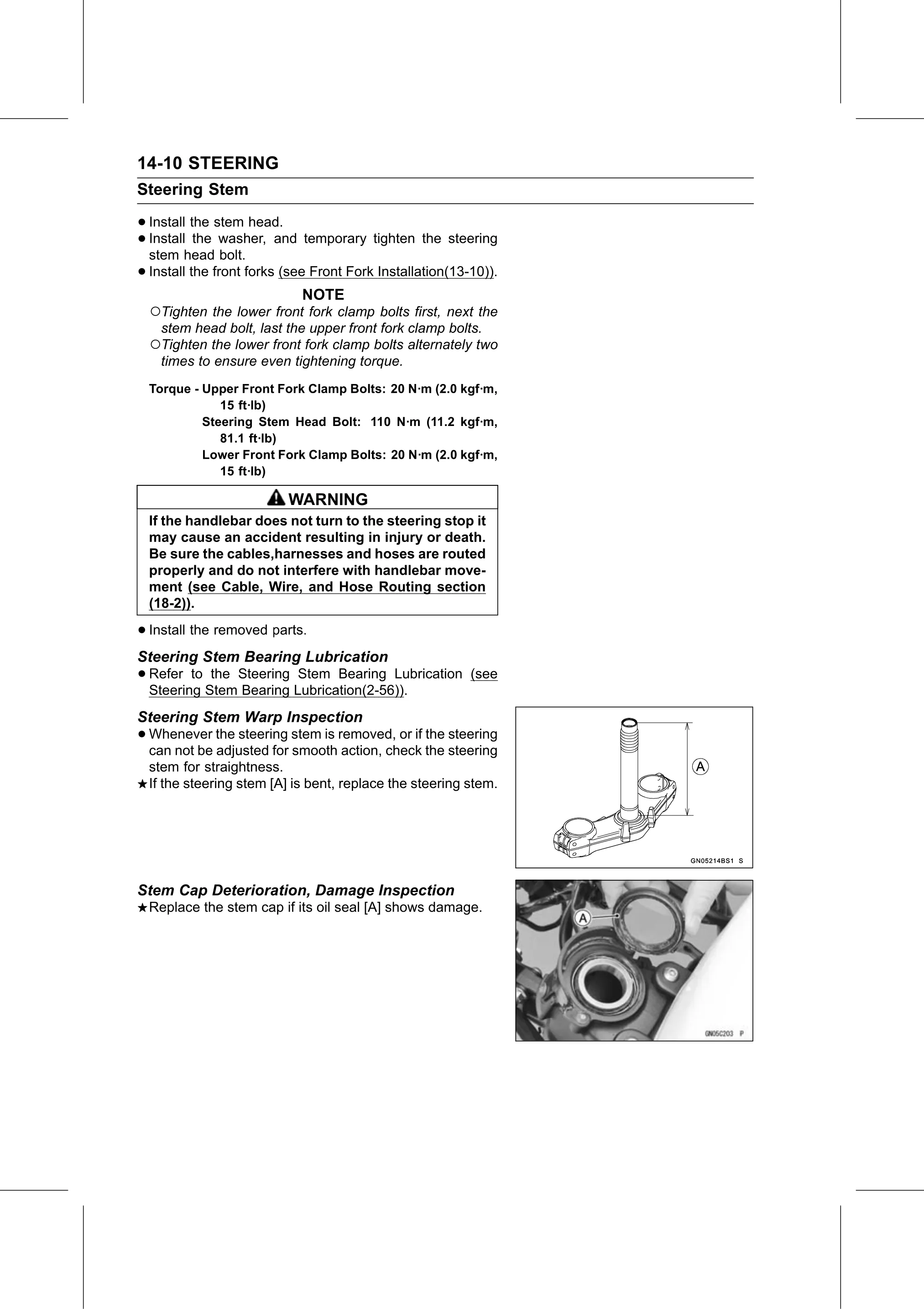 Service Manual (KLZ1000C) page 440 — Steering › Stem Cap Deterioration, Damage Inspection