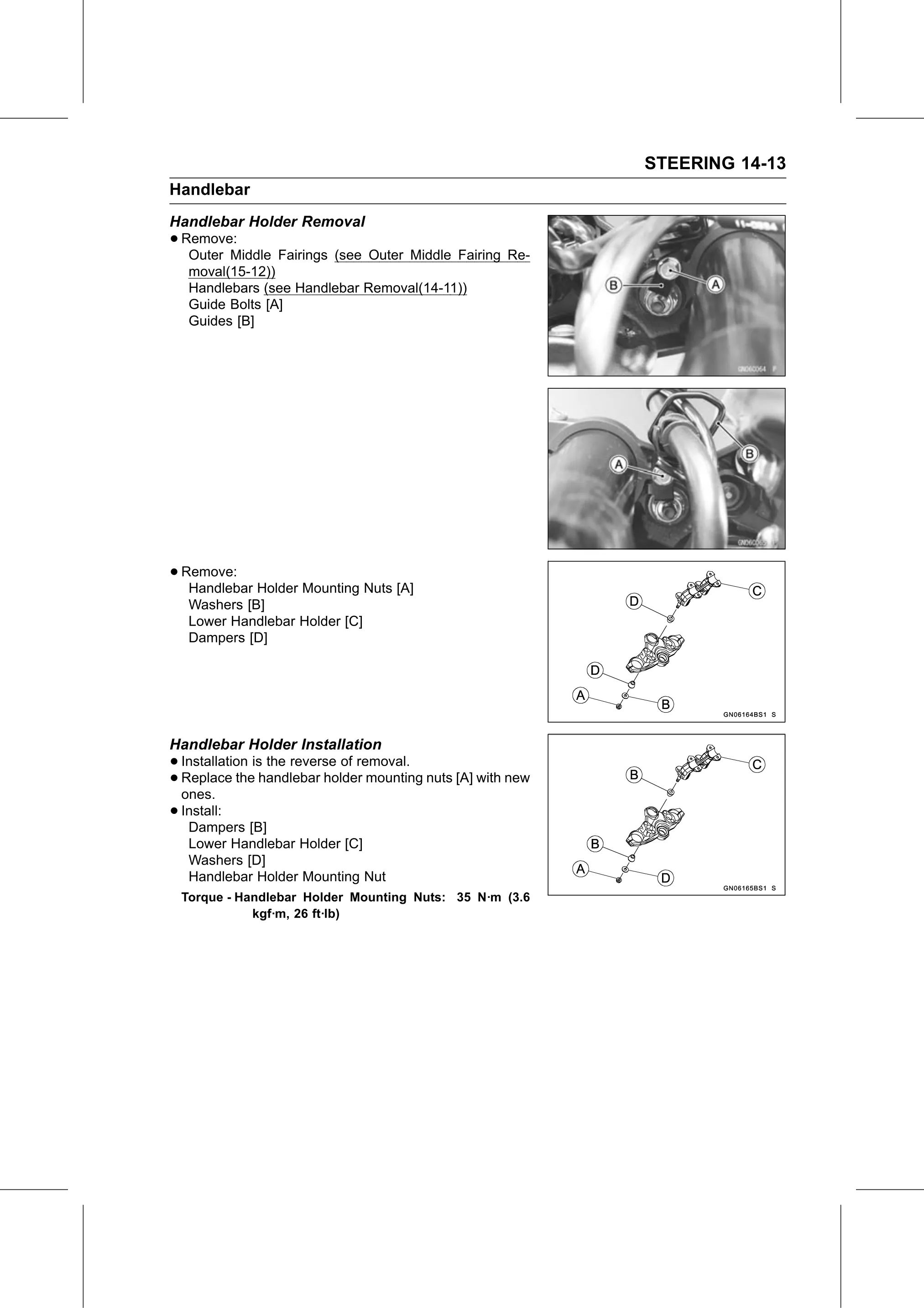 Service Manual (KLZ1000C) page 443 — Steering › Handlebar Holder Installation