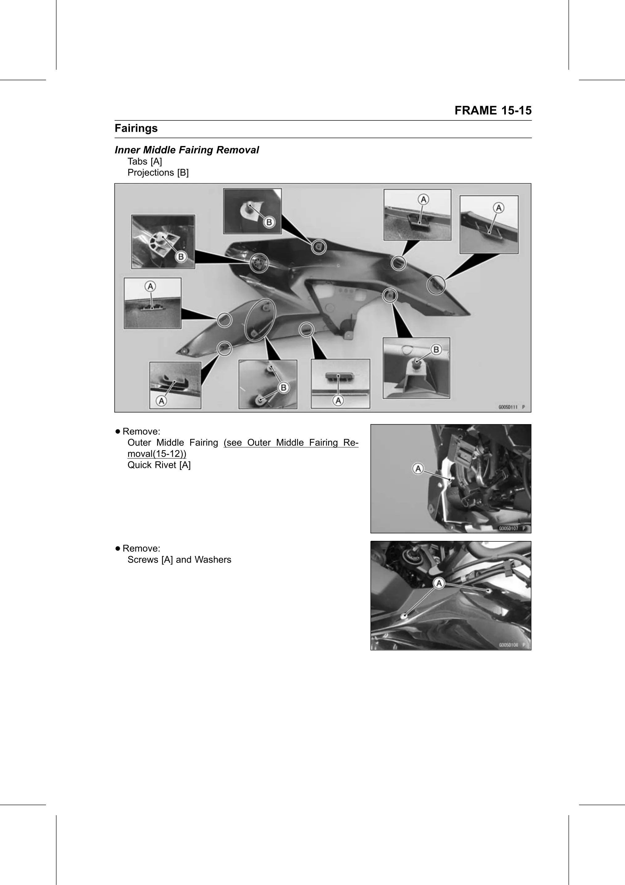 Service Manual (KLZ1000C) page 459 — Frame › Inner Middle Fairing Removal