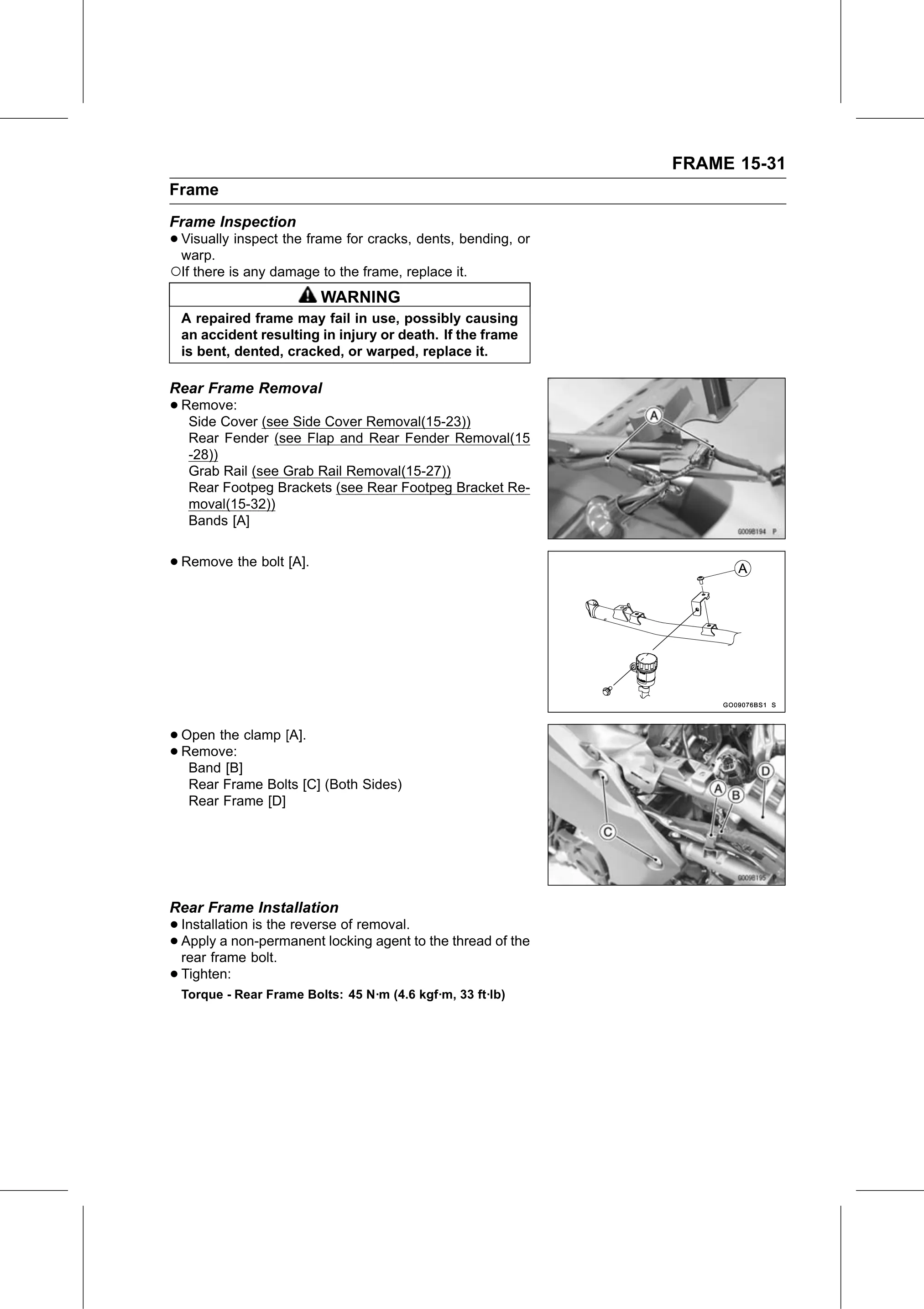 Service Manual (KLZ1000C) page 475 — Frame › Rear Frame Installation