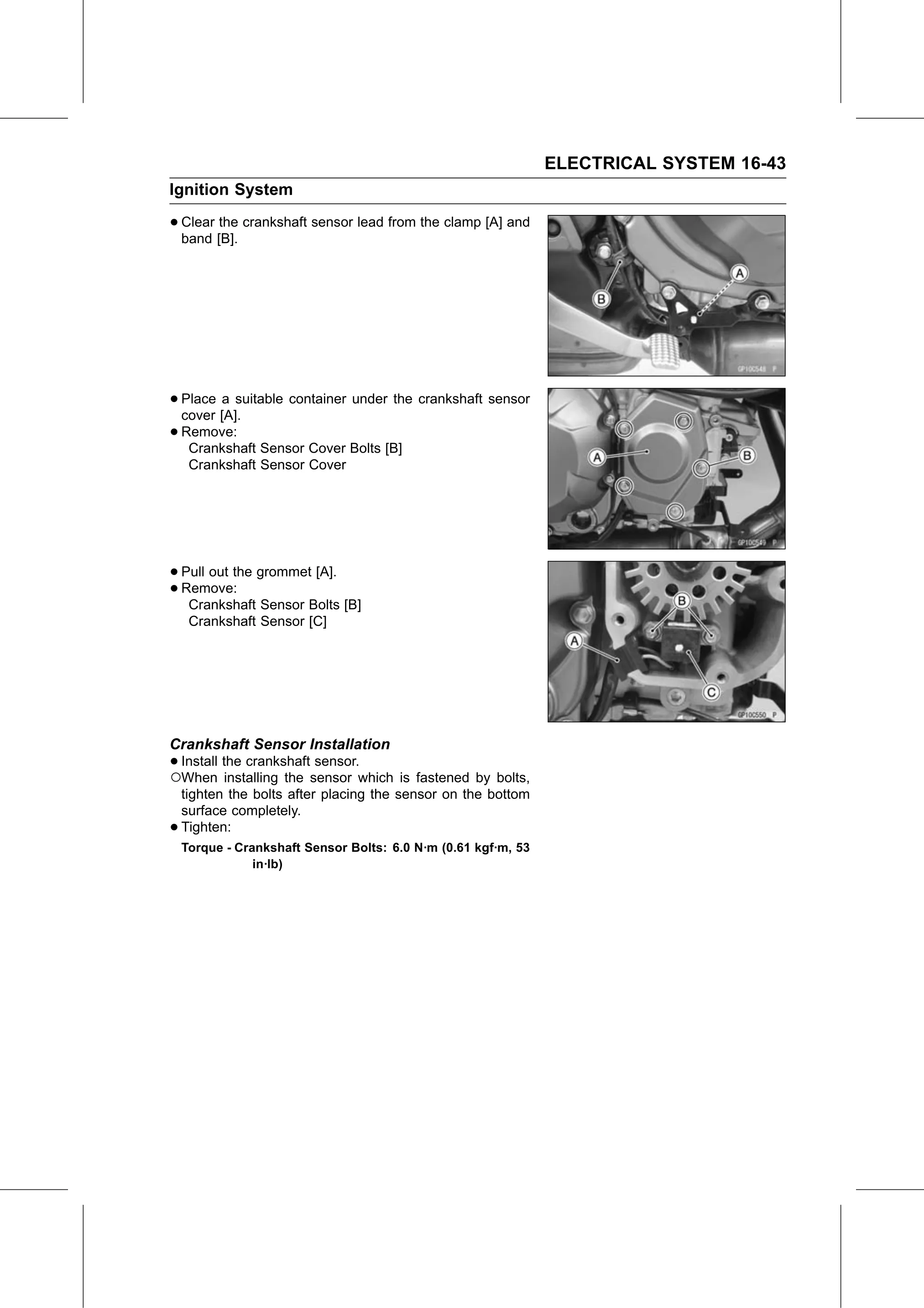 Service Manual (KLZ1000C) page 525 — Electrical System › Crankshaft Sensor Installation