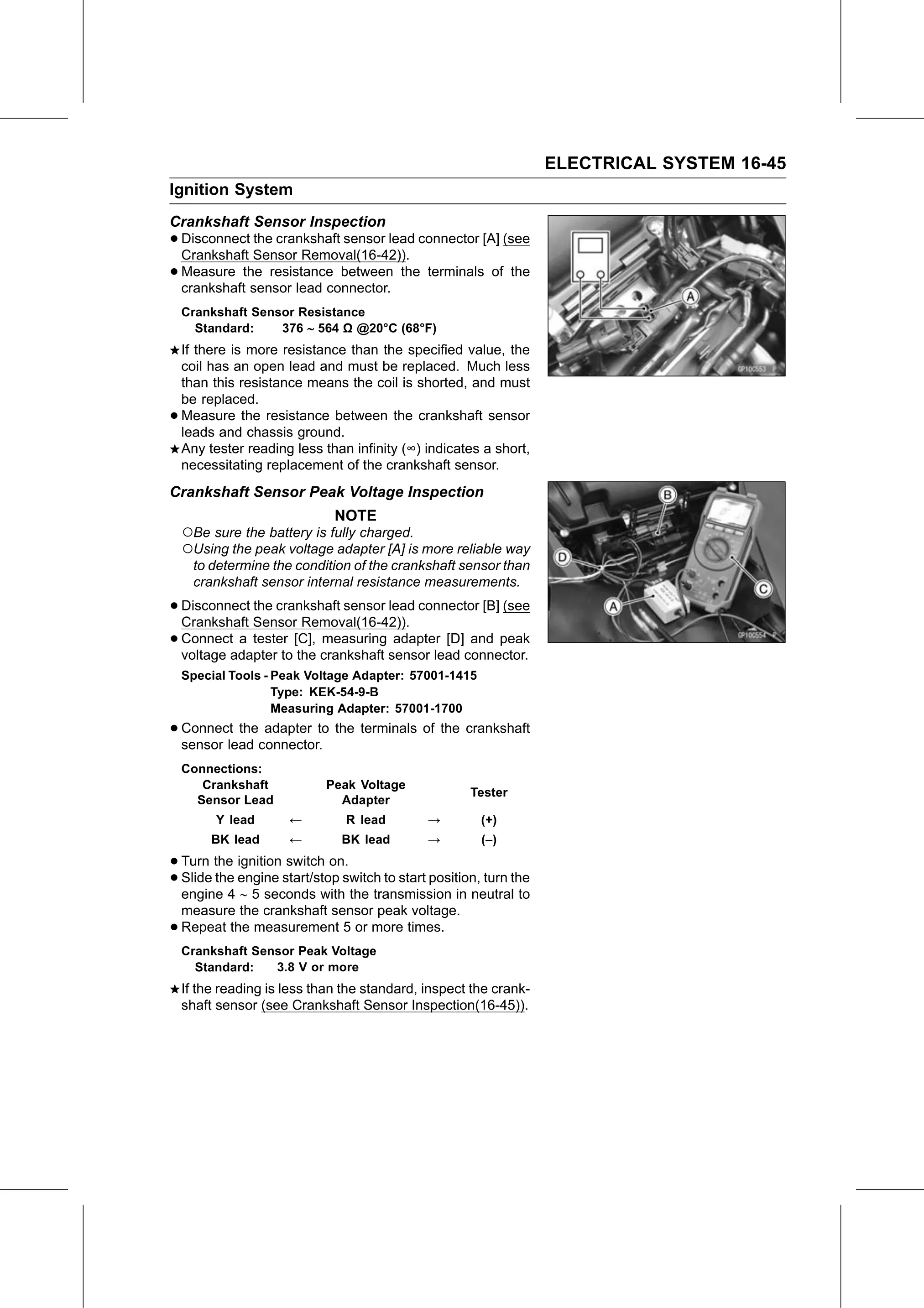 Service Manual (KLZ1000C) page 527 — Electrical System › Crankshaft Sensor Peak Voltage Inspection