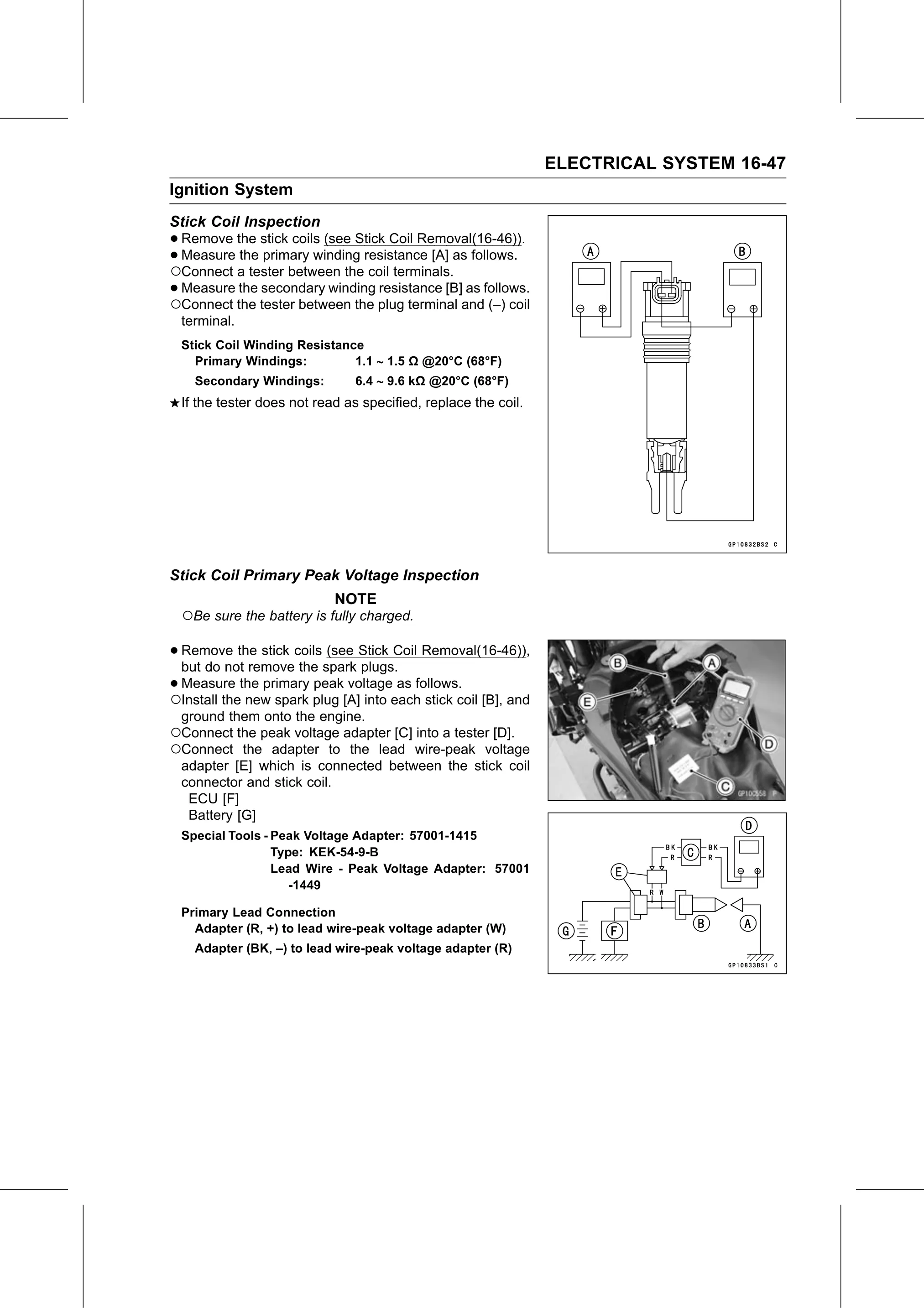 Service Manual (KLZ1000C) page 529 — Electrical System › Stick Coil Primary Peak Voltage Inspection