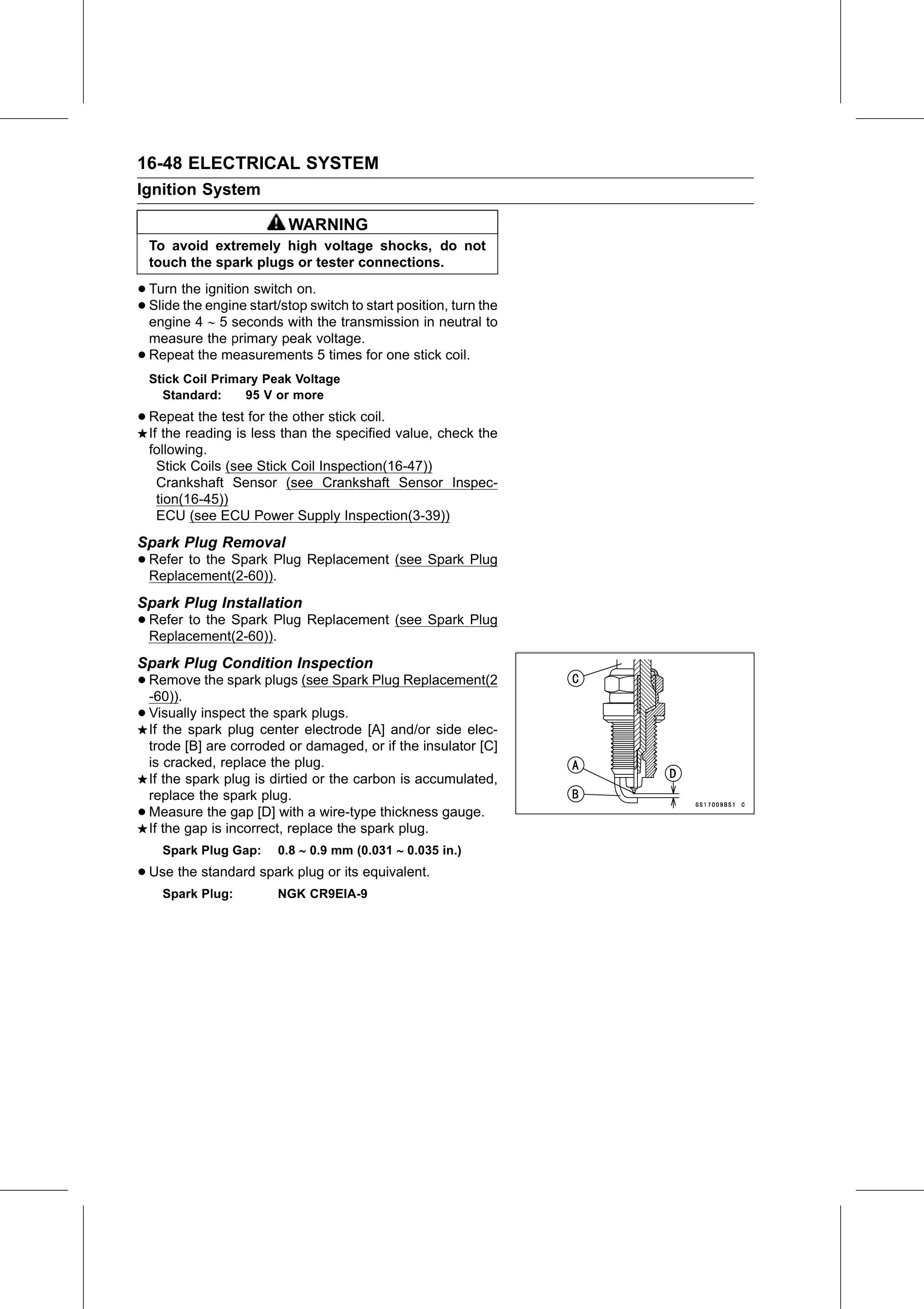 Service Manual (KLZ1000C) page 530 — Electrical System › Spark Plug Condition Inspection