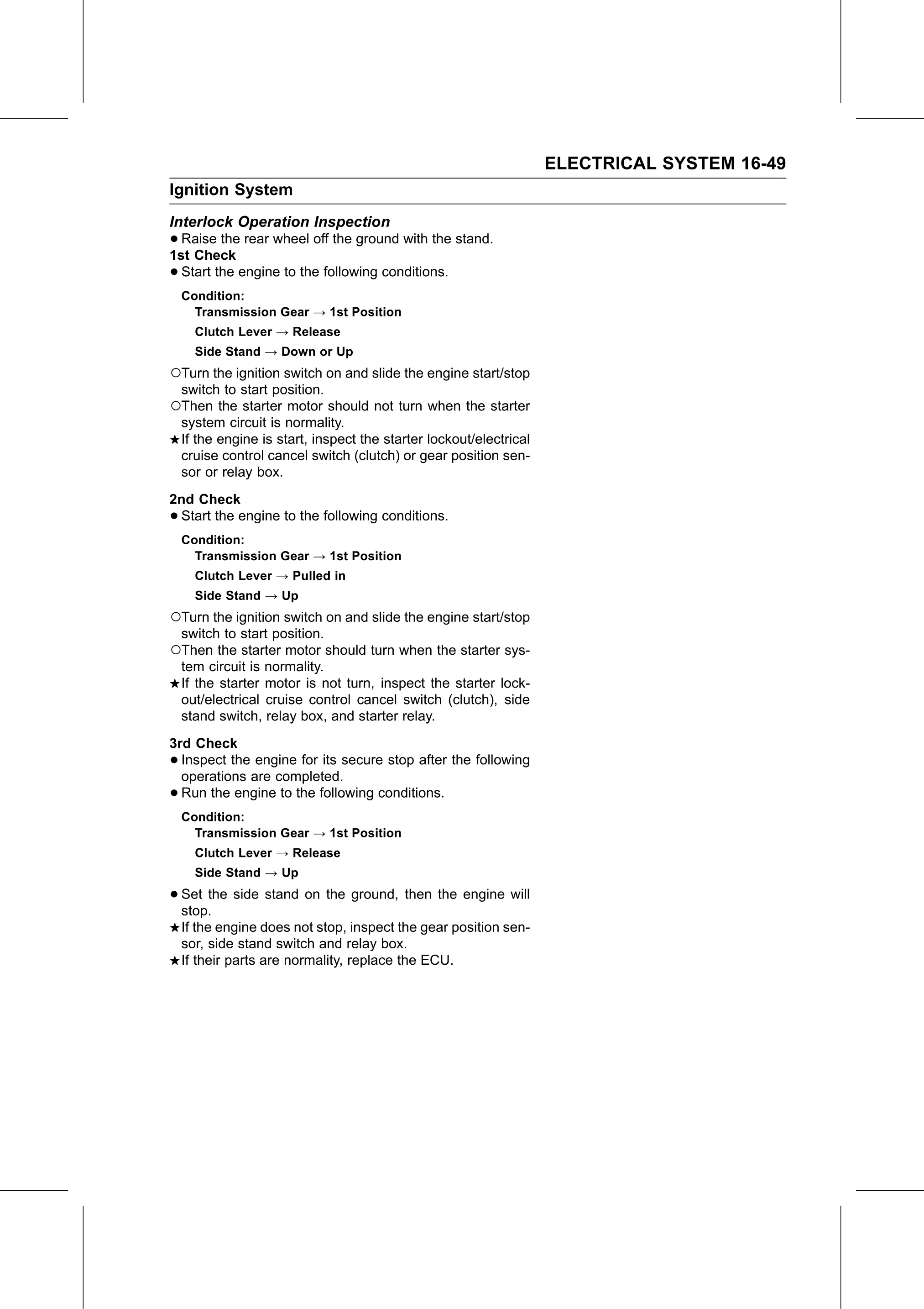 Service Manual (KLZ1000C) page 531 — Electrical System › Interlock Operation Inspection