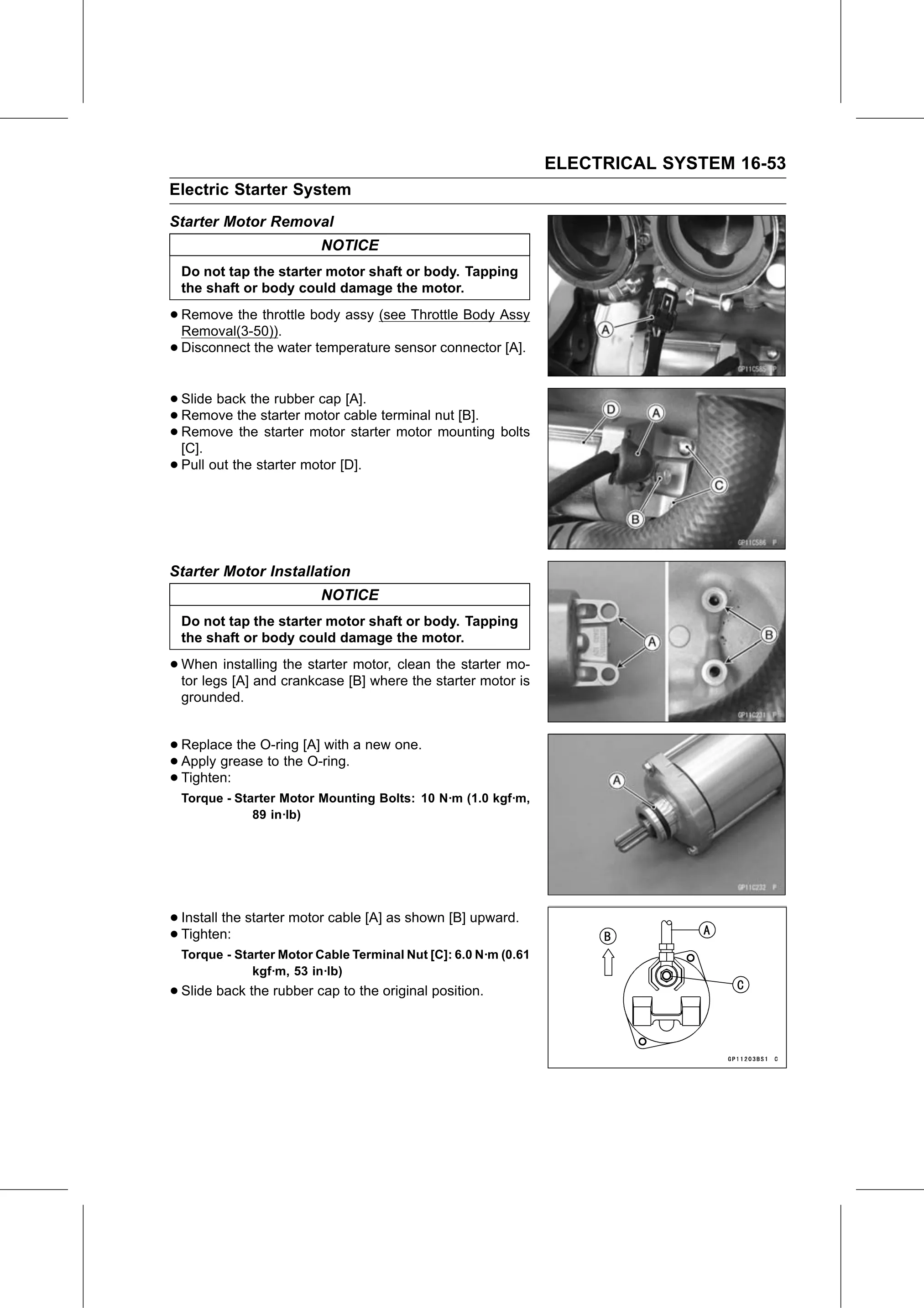 Service Manual (KLZ1000C) page 535 — Electrical System › Starter Motor Installation