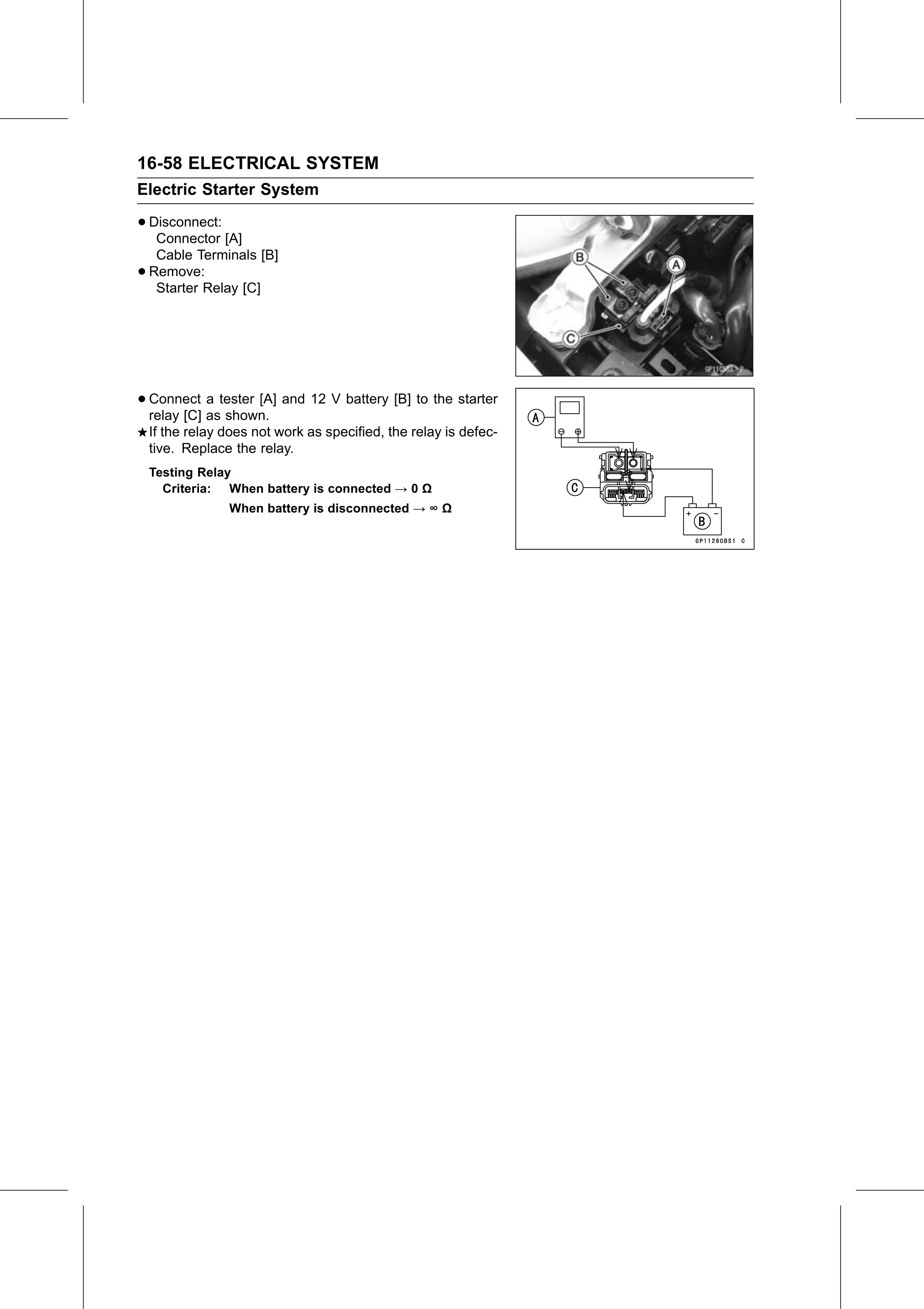 Service Manual (KLZ1000C) page 540 — Electrical System › Starter Relay Inspection