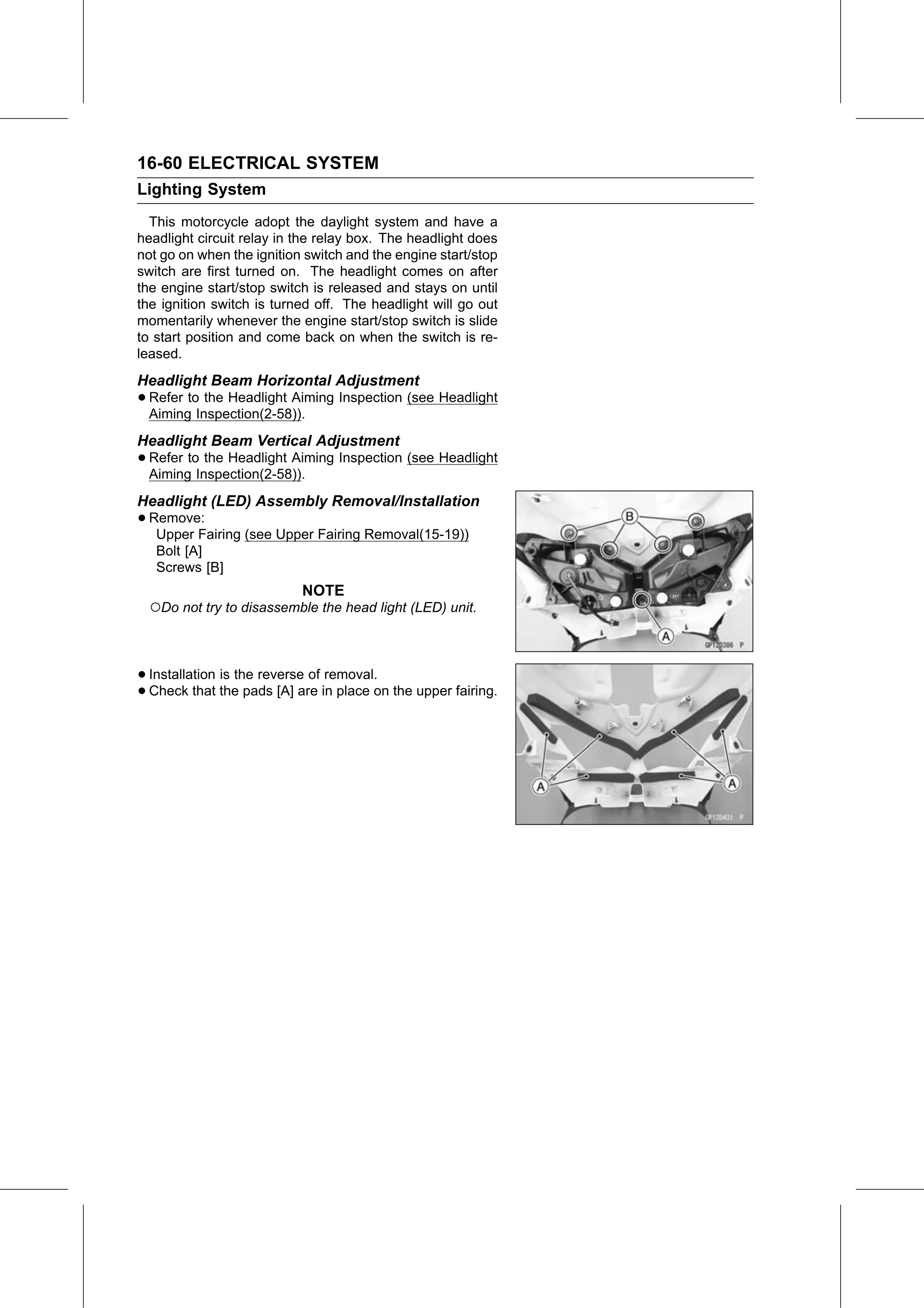 Service Manual (KLZ1000C) page 542 — Electrical System › Headlight (LED) Assembly Removal/Installation