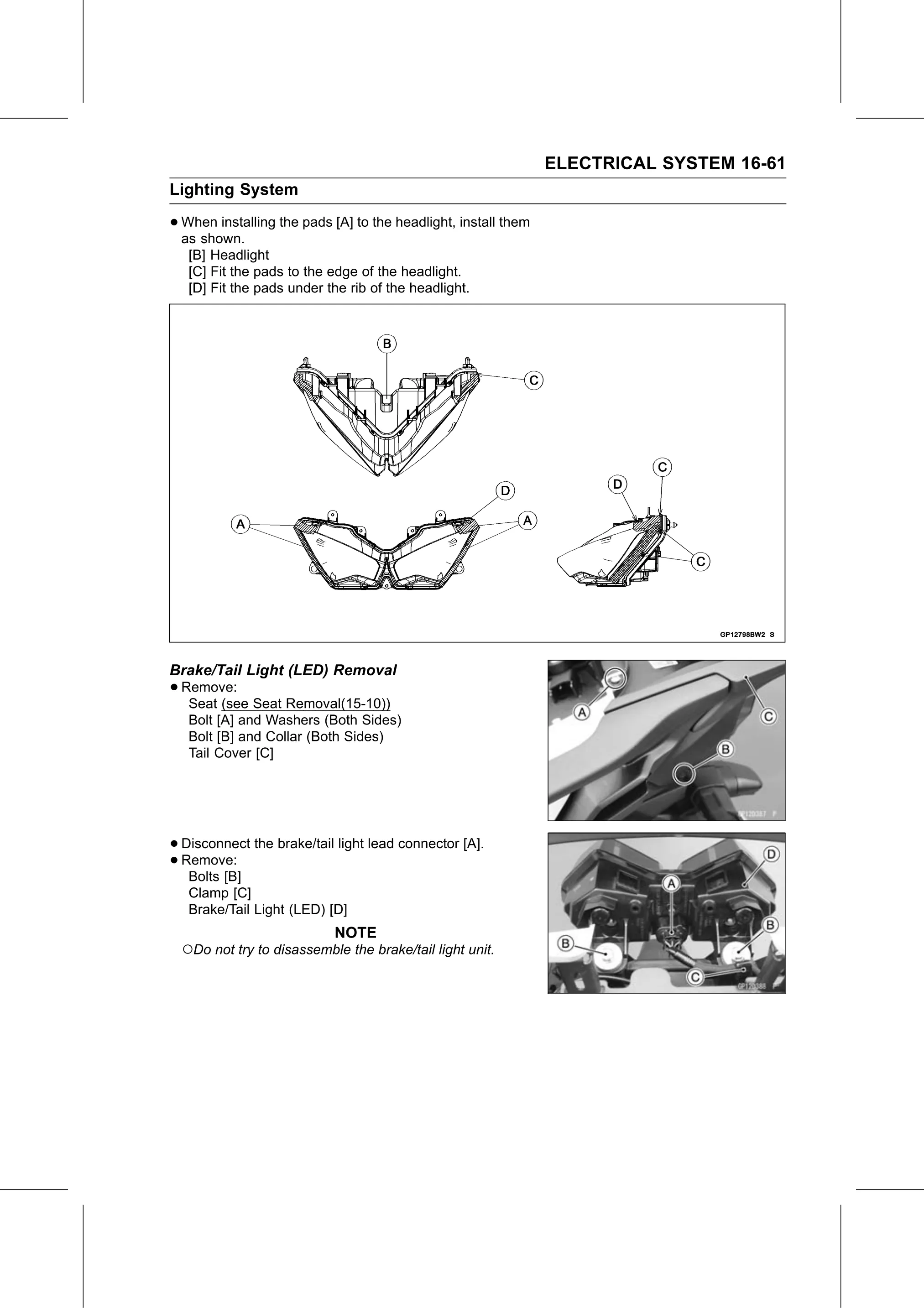Service Manual (KLZ1000C) page 543 — Electrical System › Brake/Tail Light (LED) Removal