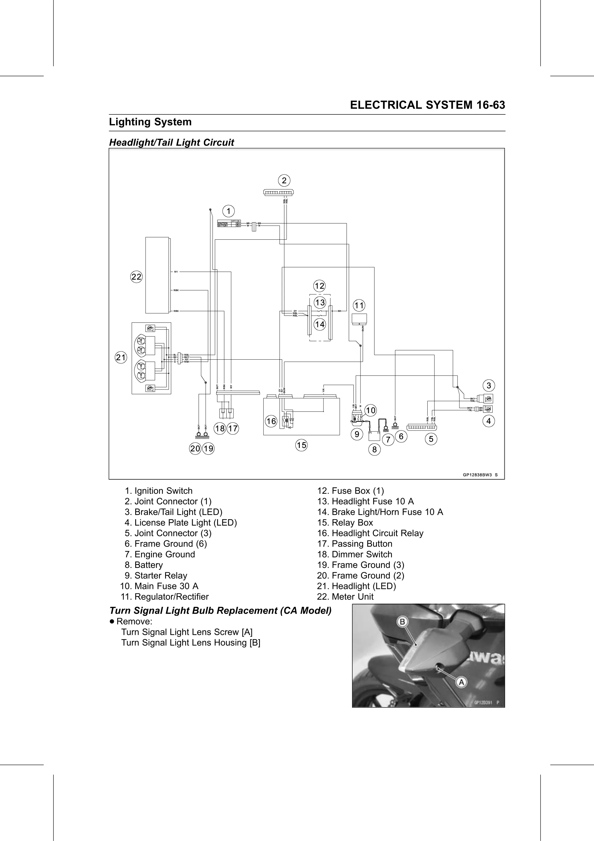 Service Manual (KLZ1000C) page 545 — Electrical System › Turn Signal Light Bulb Replacement (CA Model)