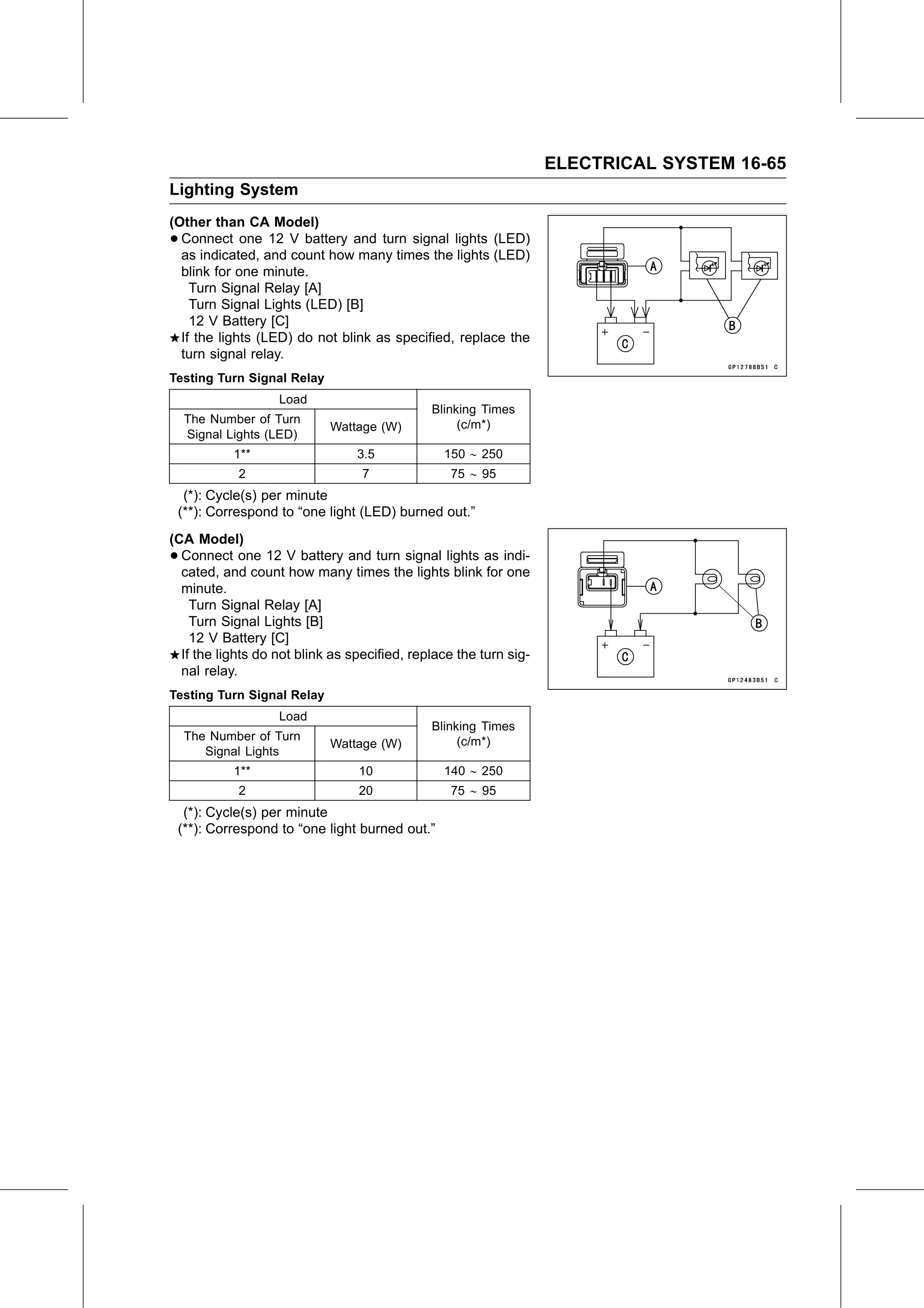 Service Manual (KLZ1000C) page 547 — Electrical System › Turn Signal Relay Inspection