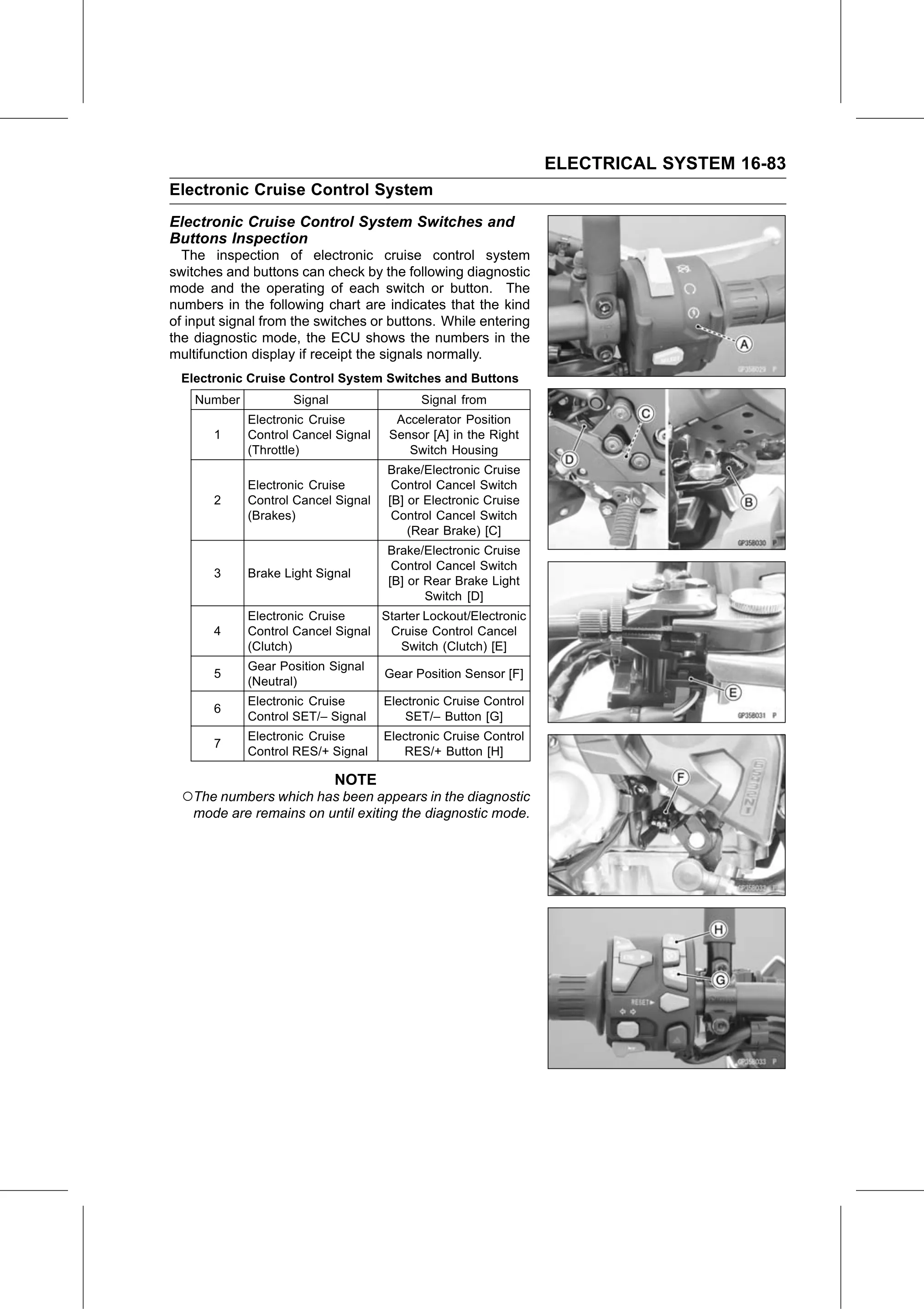 Service Manual (KLZ1000C) page 565 — Electrical System › Electronic Cruise Control System Switches and Buttons Inspection