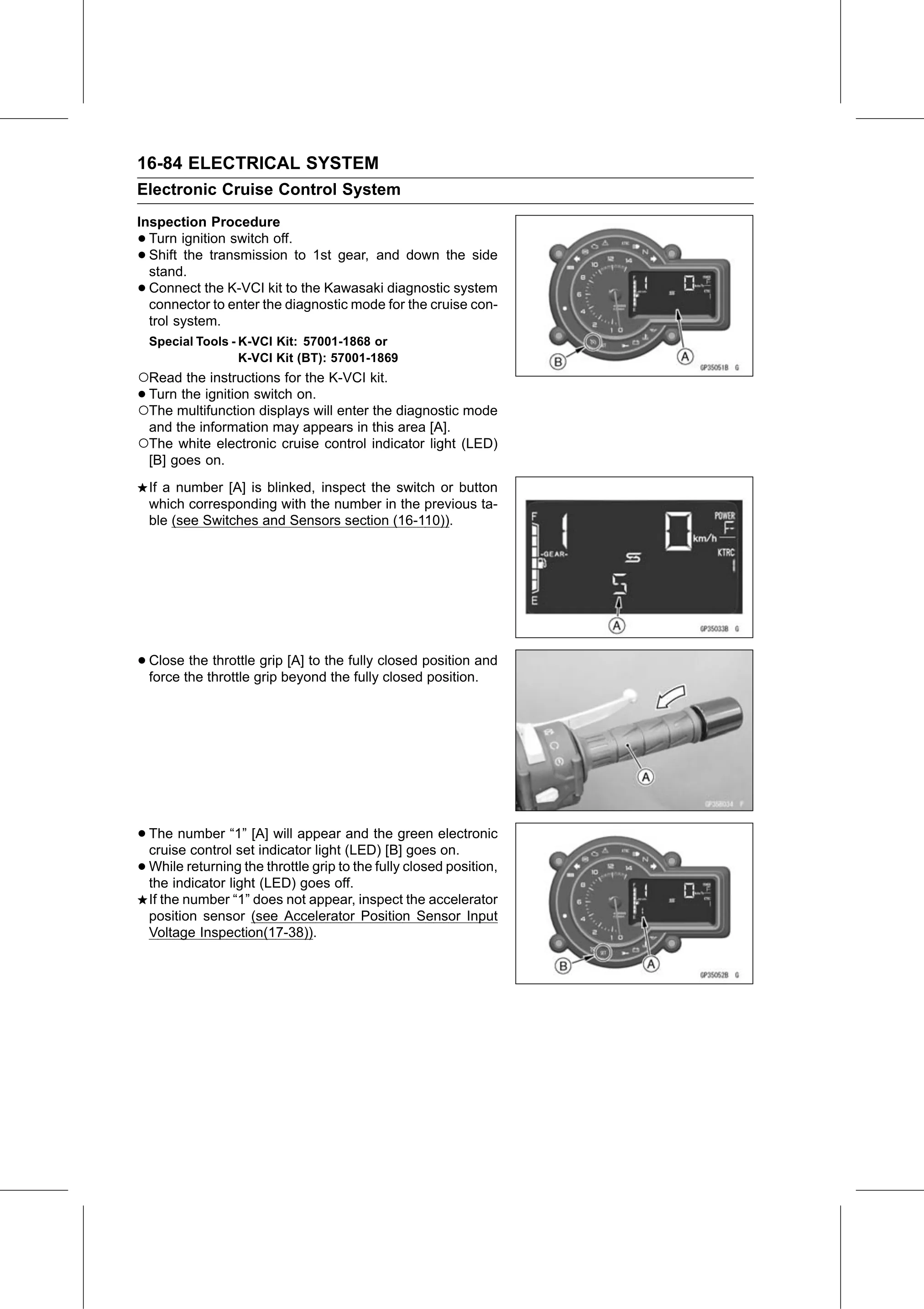Service Manual (KLZ1000C) page 566 — Electrical System › Electronic Cruise Control System Switches and Buttons Inspection