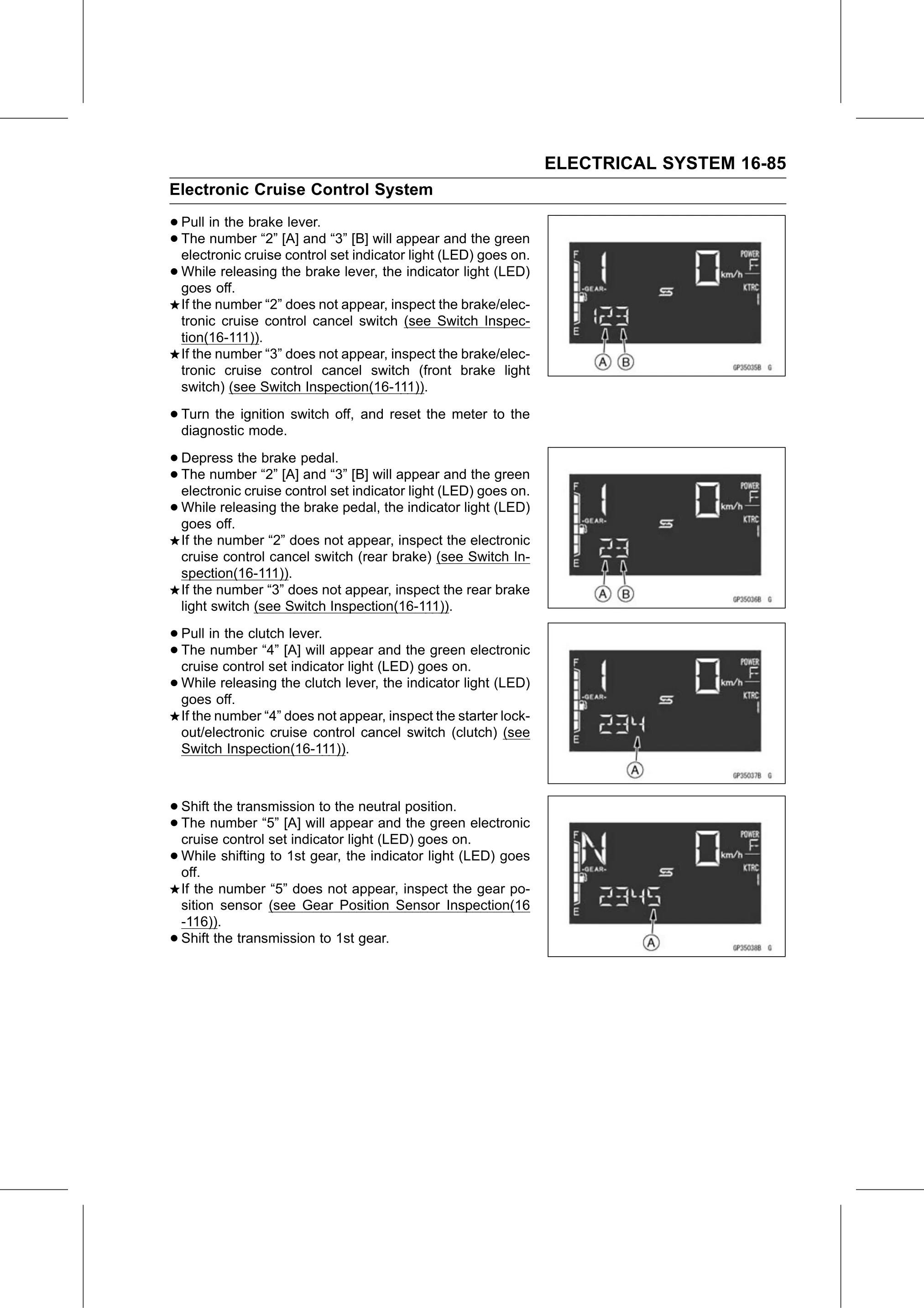 Service Manual (KLZ1000C) page 567 — Electrical System › Electronic Cruise Control System Switches and Buttons Inspection