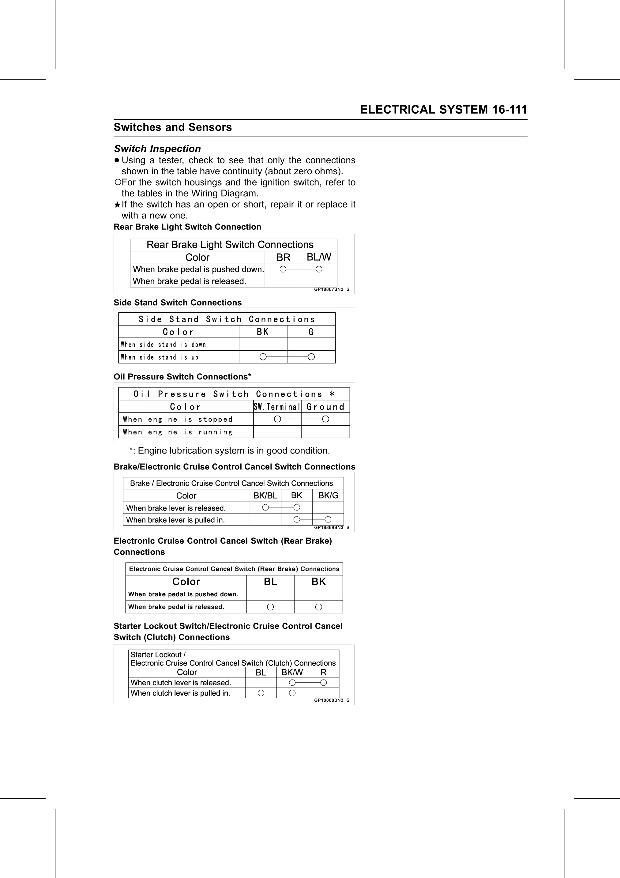 Service Manual (KLZ1000C) page 593 — Electrical System › Switch Inspection