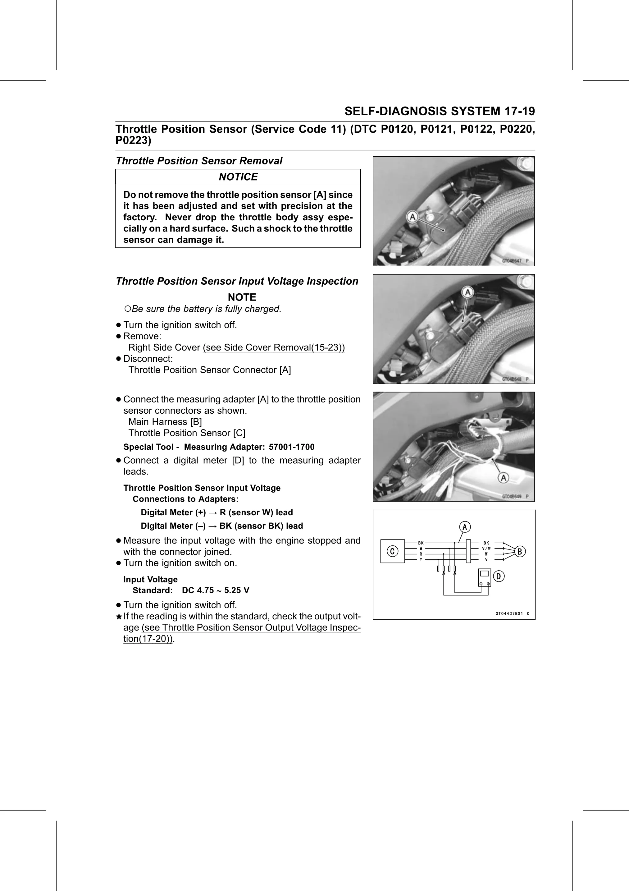 Service Manual (KLZ1000C) page 621 — Self-Diagnosis System › Throttle Position Sensor Input Voltage Inspection