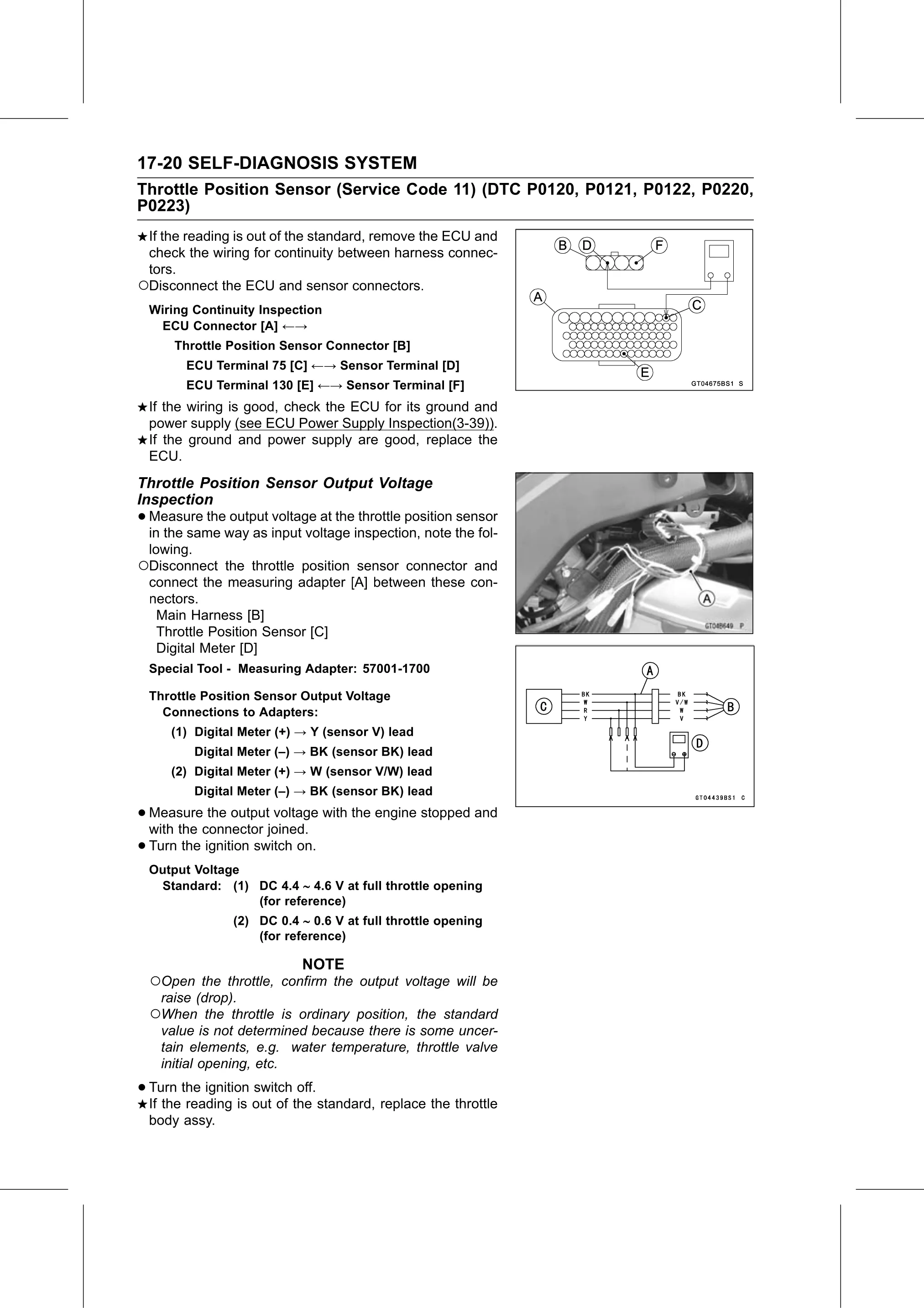 Service Manual (KLZ1000C) page 622 — Self-Diagnosis System › Throttle Position Sensor Output Voltage Inspection