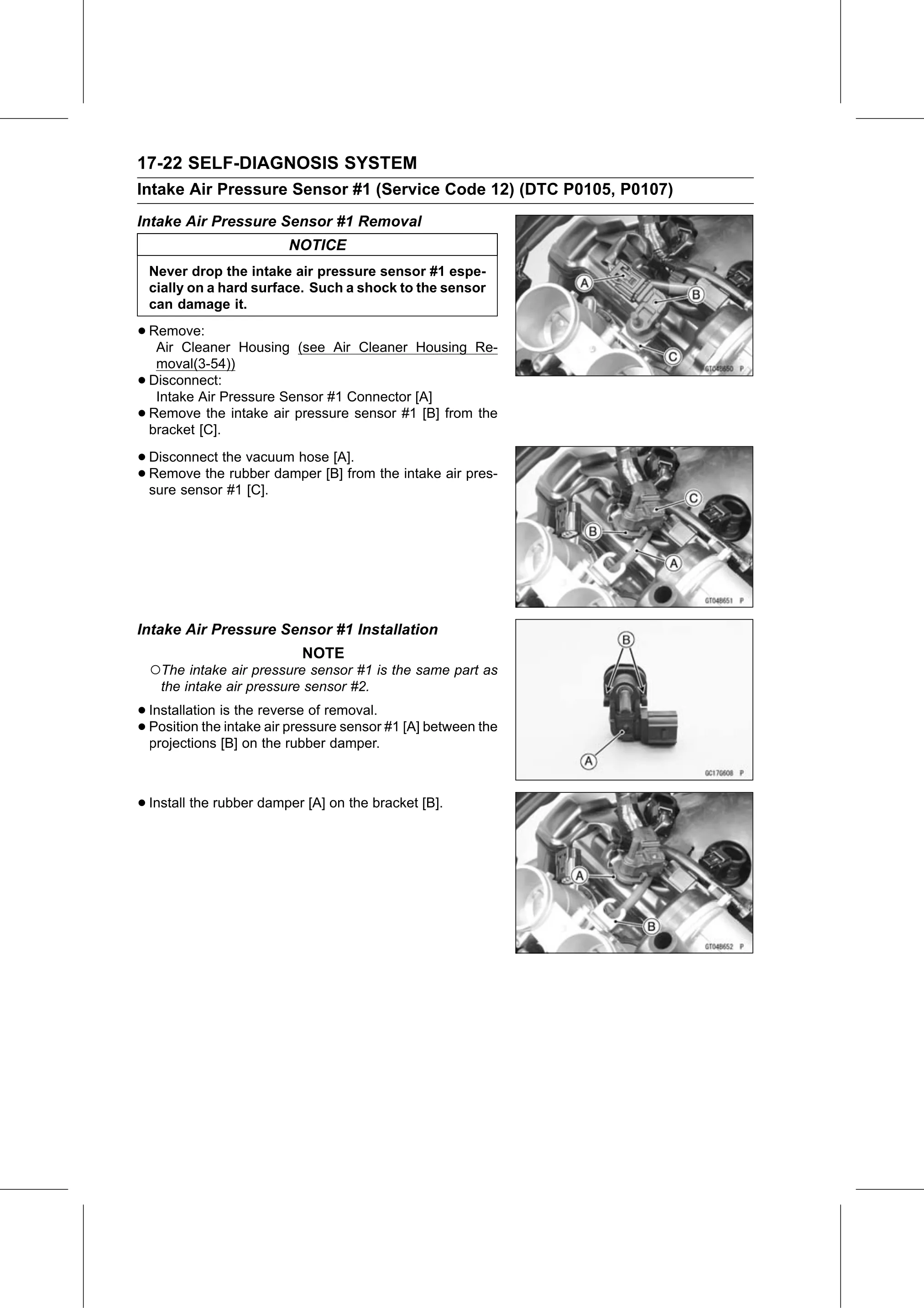 Service Manual (KLZ1000C) page 624 — Self-Diagnosis System › Intake Air Pressure Sensor #1 Installation