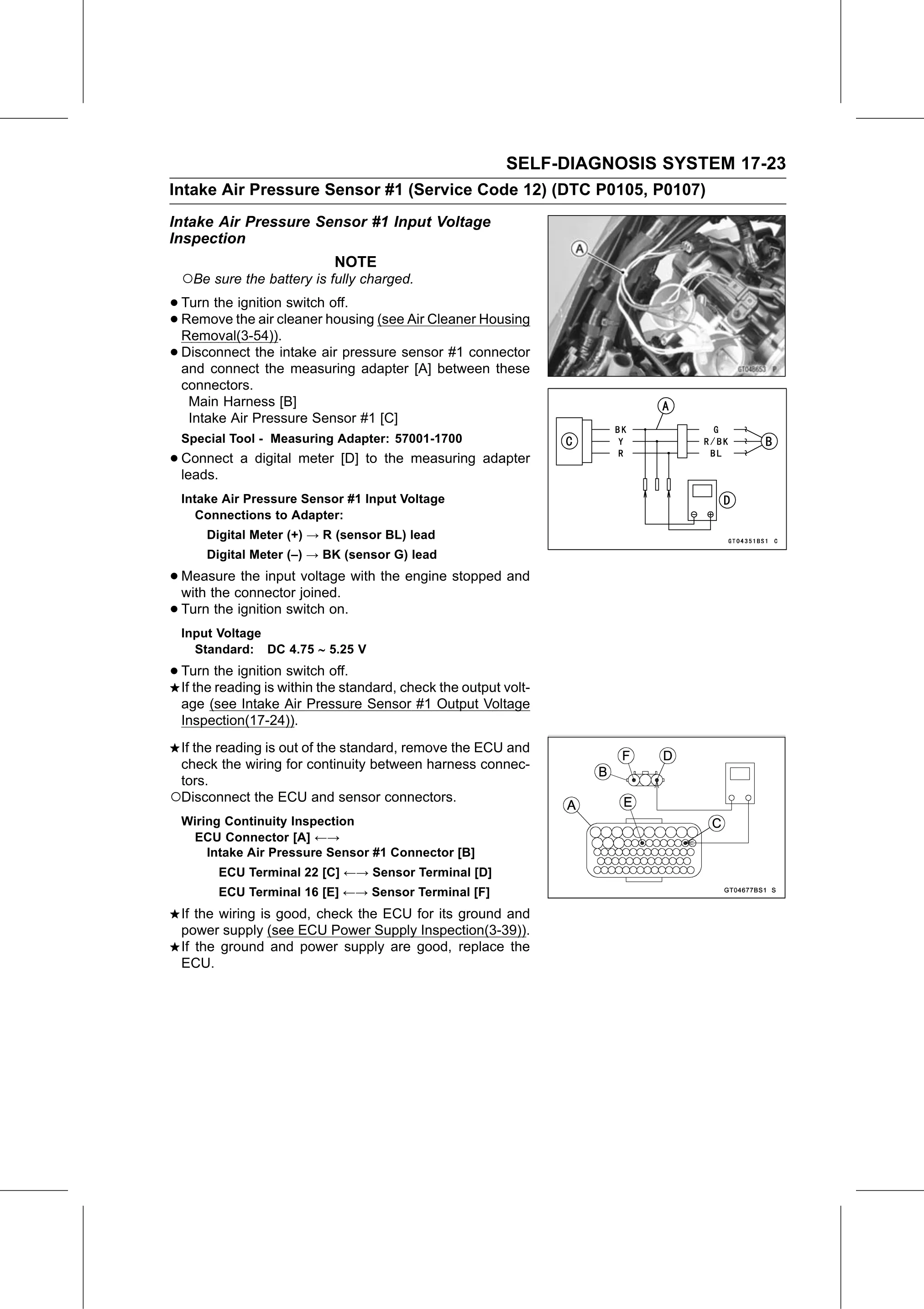 Service Manual (KLZ1000C) page 625 — Self-Diagnosis System › Intake Air Pressure Sensor #1 Input Voltage Inspection