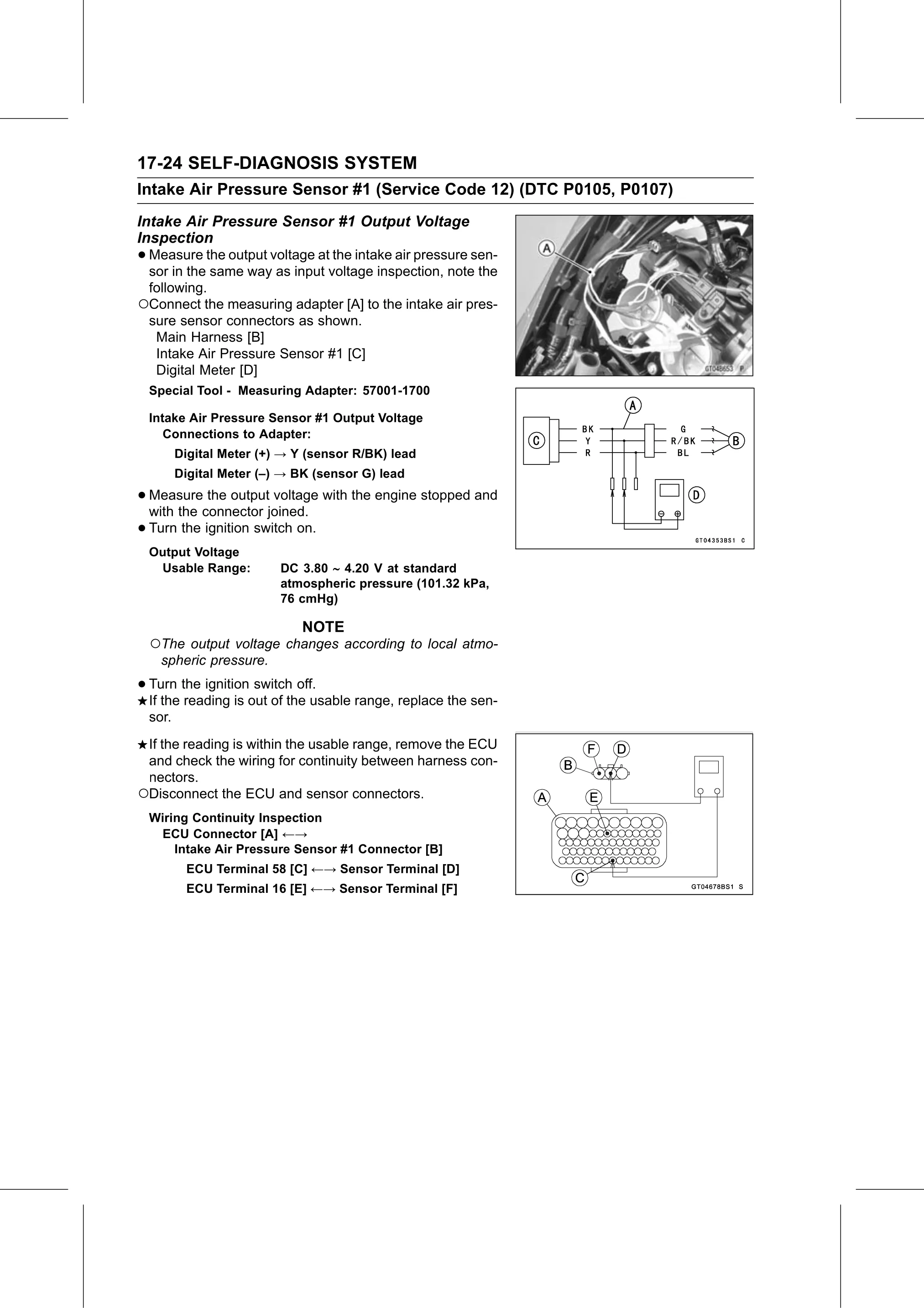 Service Manual (KLZ1000C) page 626 — Self-Diagnosis System › Intake Air Pressure Sensor #1 Output Voltage Inspection