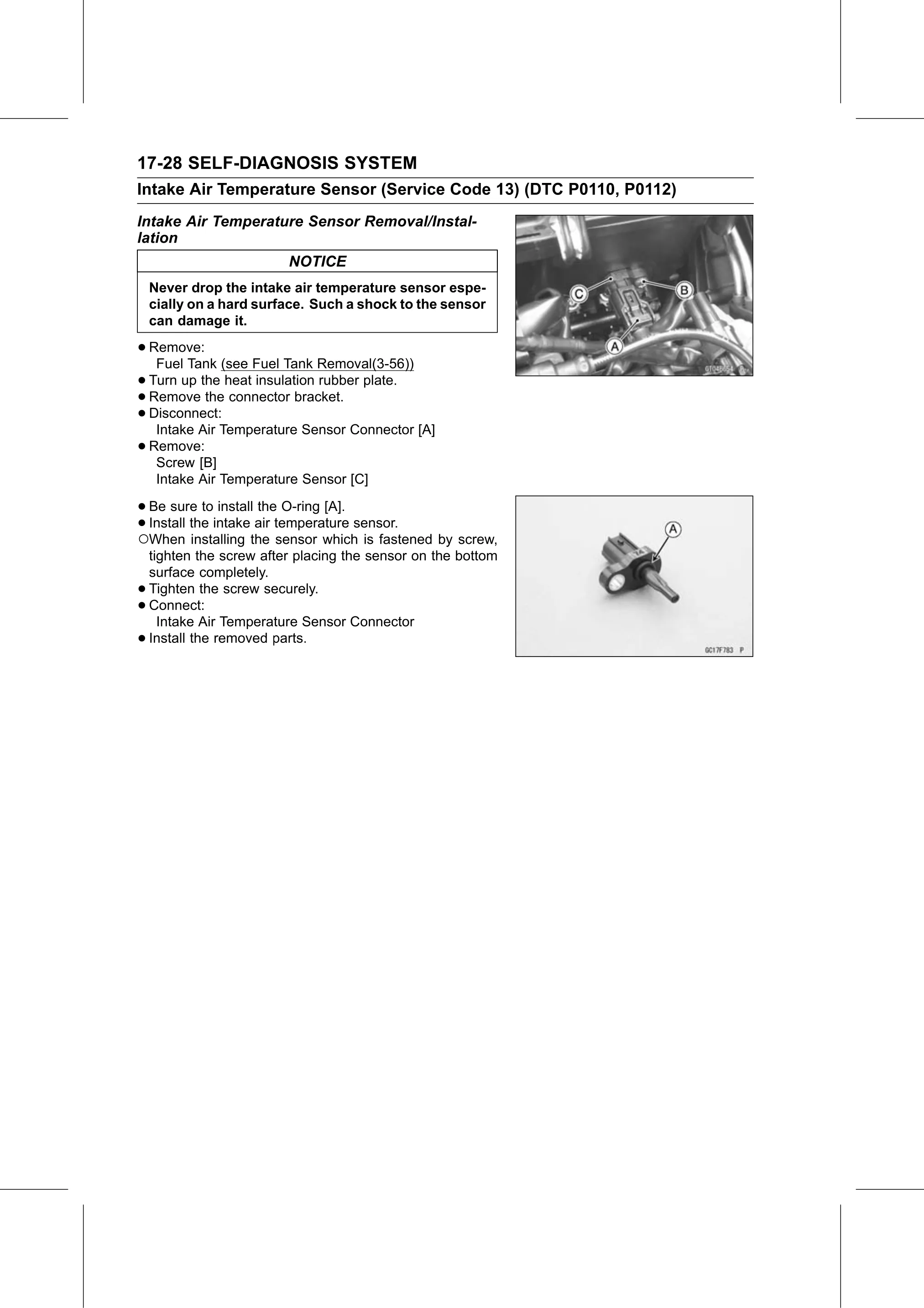 Service Manual (KLZ1000C) page 630 — Self-Diagnosis System › Intake Air Temperature Sensor Removal/Installation