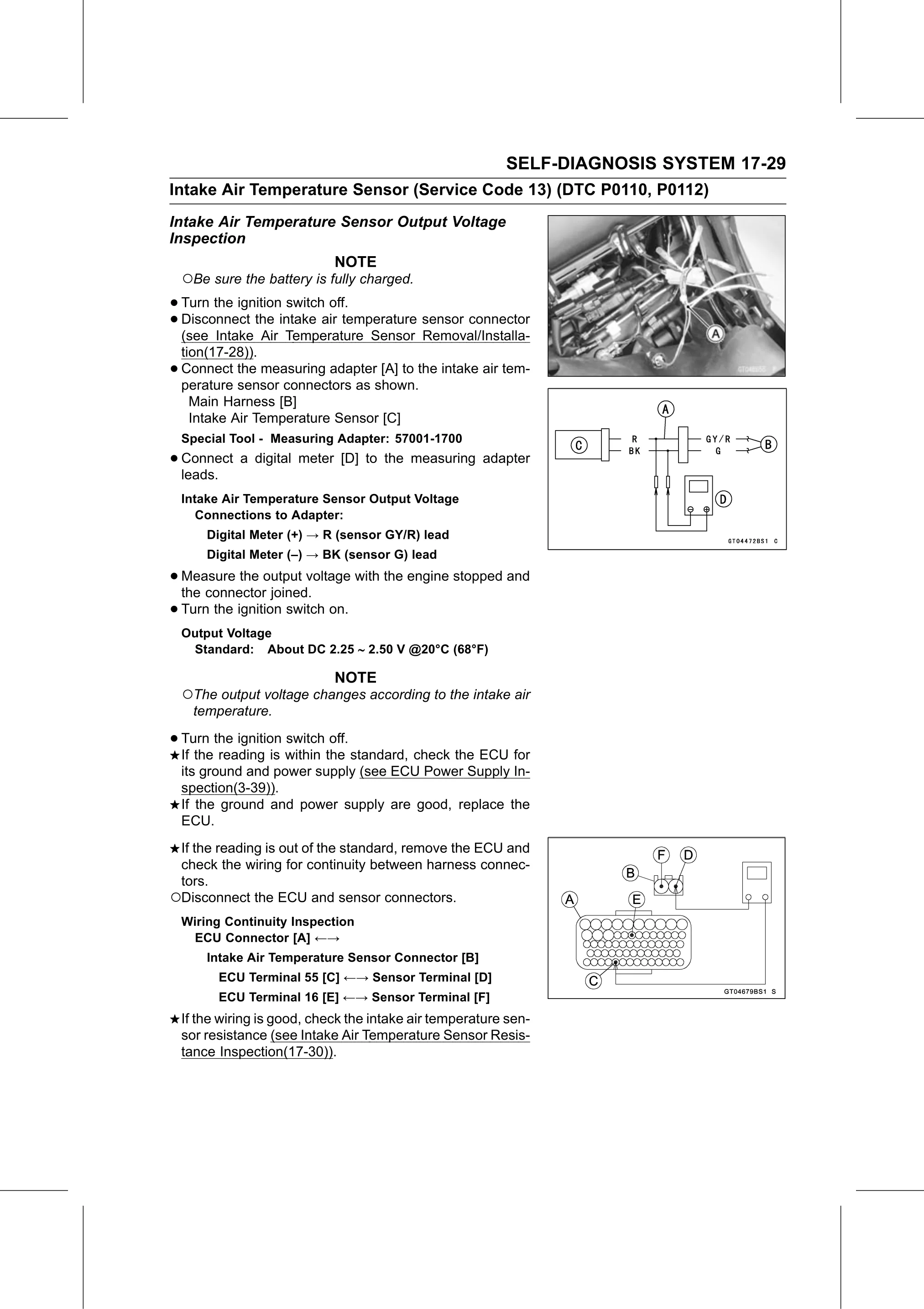 Service Manual (KLZ1000C) page 631 — Self-Diagnosis System › Intake Air Temperature Sensor Output Voltage Inspection