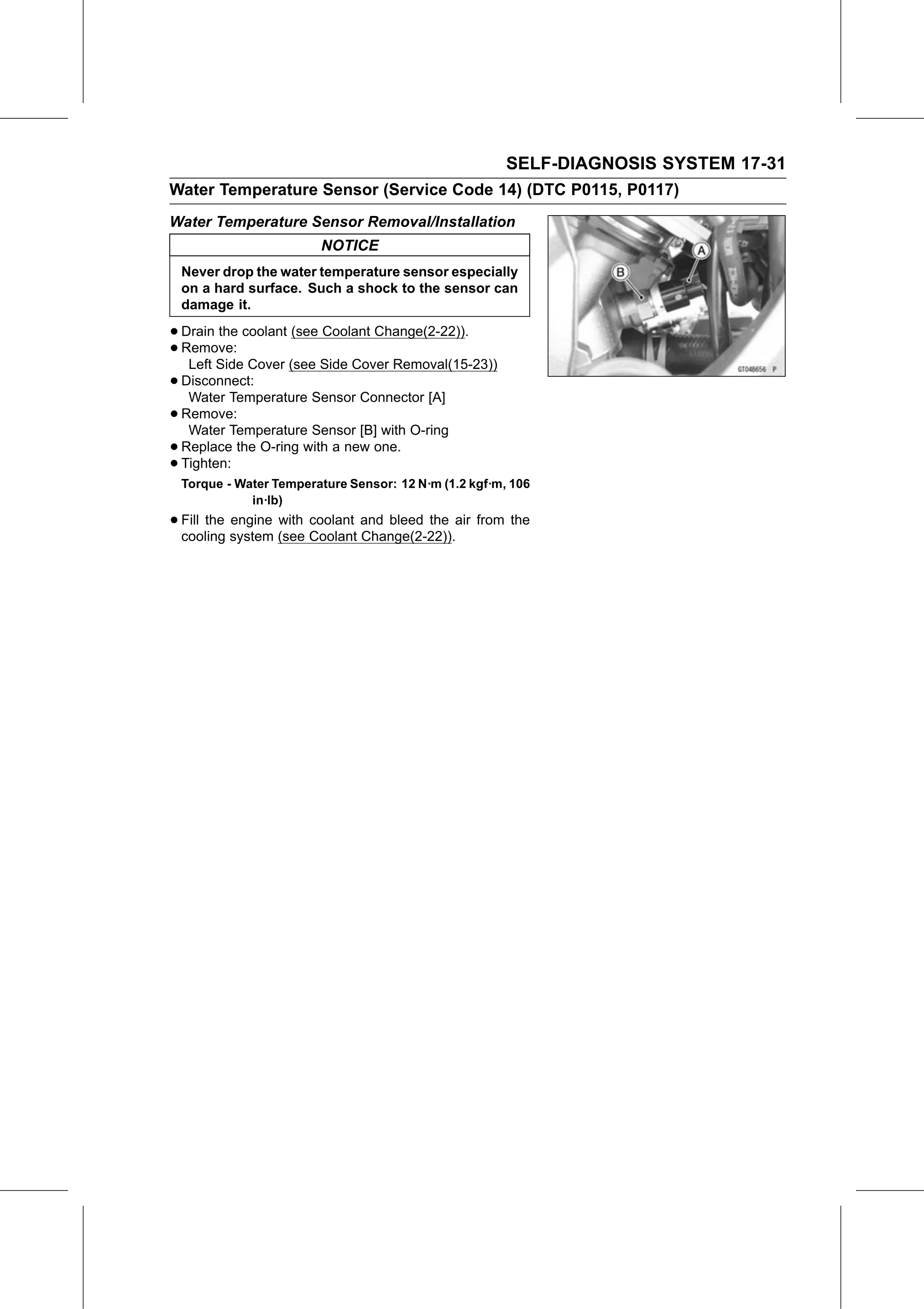 Service Manual (KLZ1000C) page 633 — Self-Diagnosis System › Water Temperature Sensor Removal/Installation