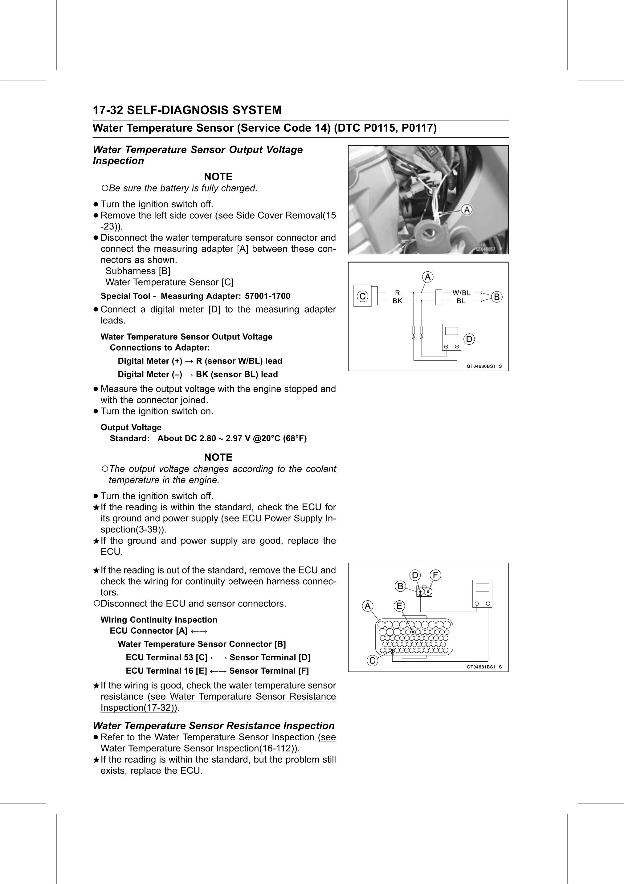 Service Manual (KLZ1000C) page 634 — Self-Diagnosis System › Water Temperature Sensor Resistance Inspection