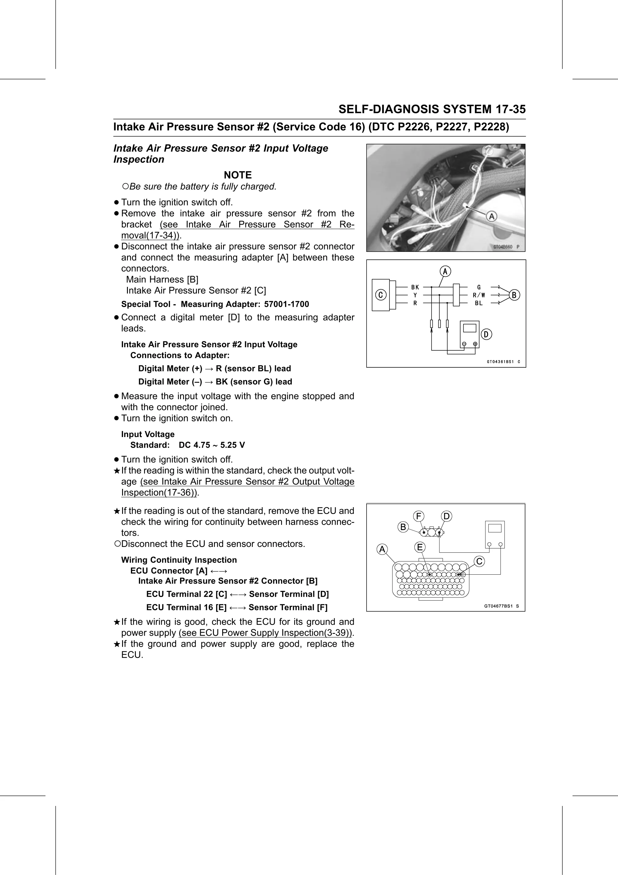 Service Manual (KLZ1000C) page 637 — Self-Diagnosis System › Intake Air Pressure Sensor #2 Input Voltage Inspection