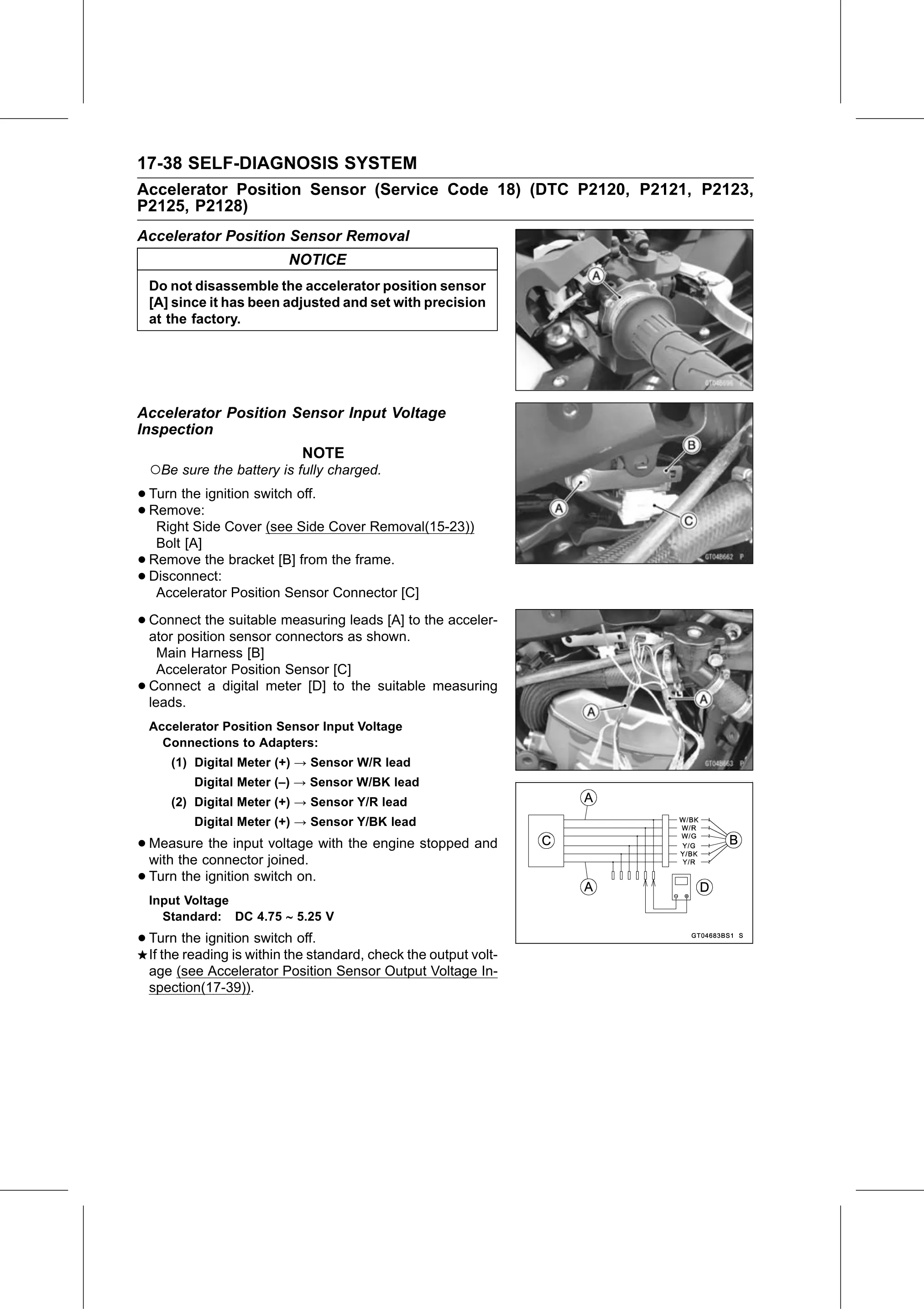 Service Manual (KLZ1000C) page 640 — Self-Diagnosis System › Accelerator Position Sensor Input Voltage Inspection