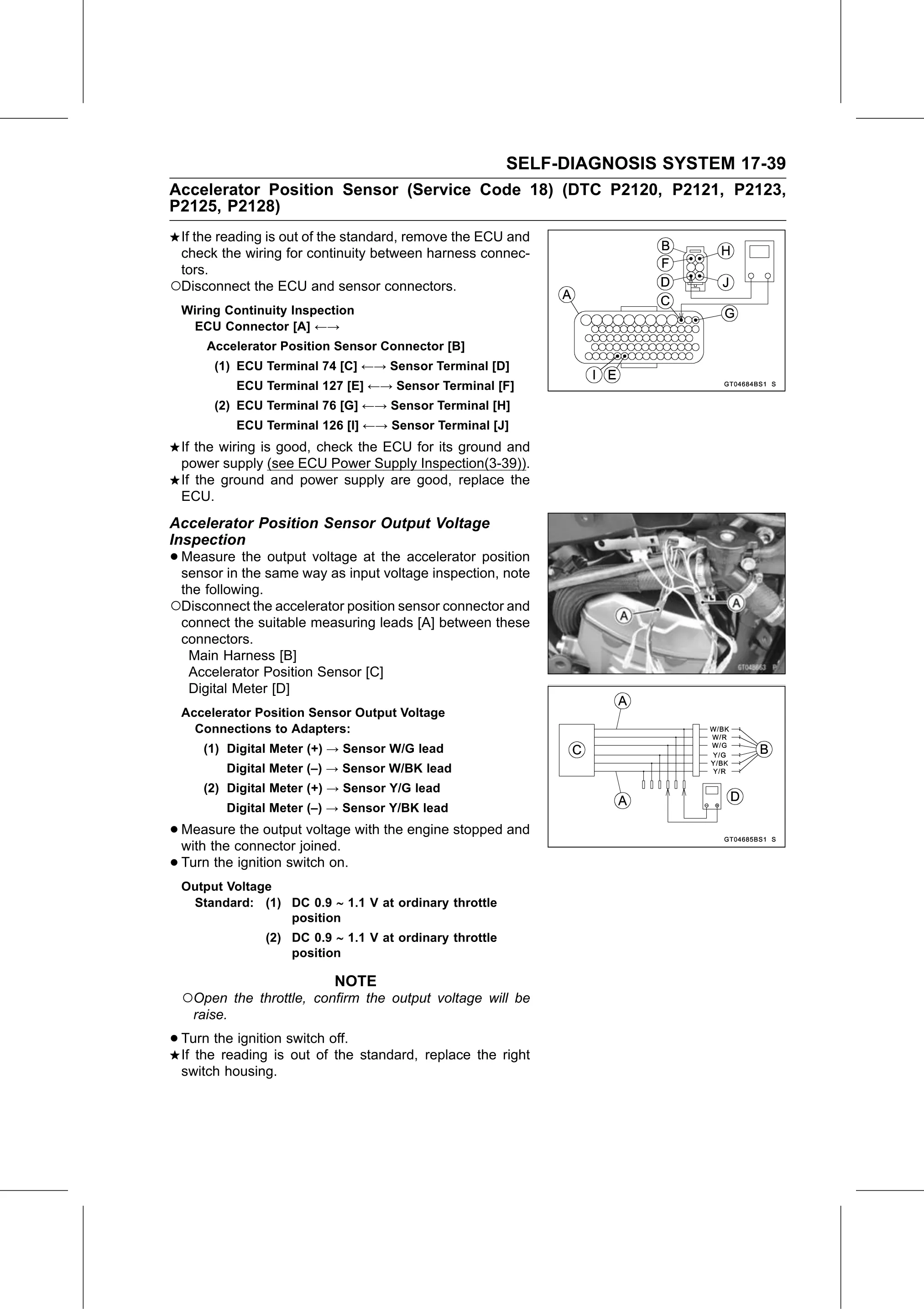 Service Manual (KLZ1000C) page 641 — Self-Diagnosis System › Accelerator Position Sensor Output Voltage Inspection