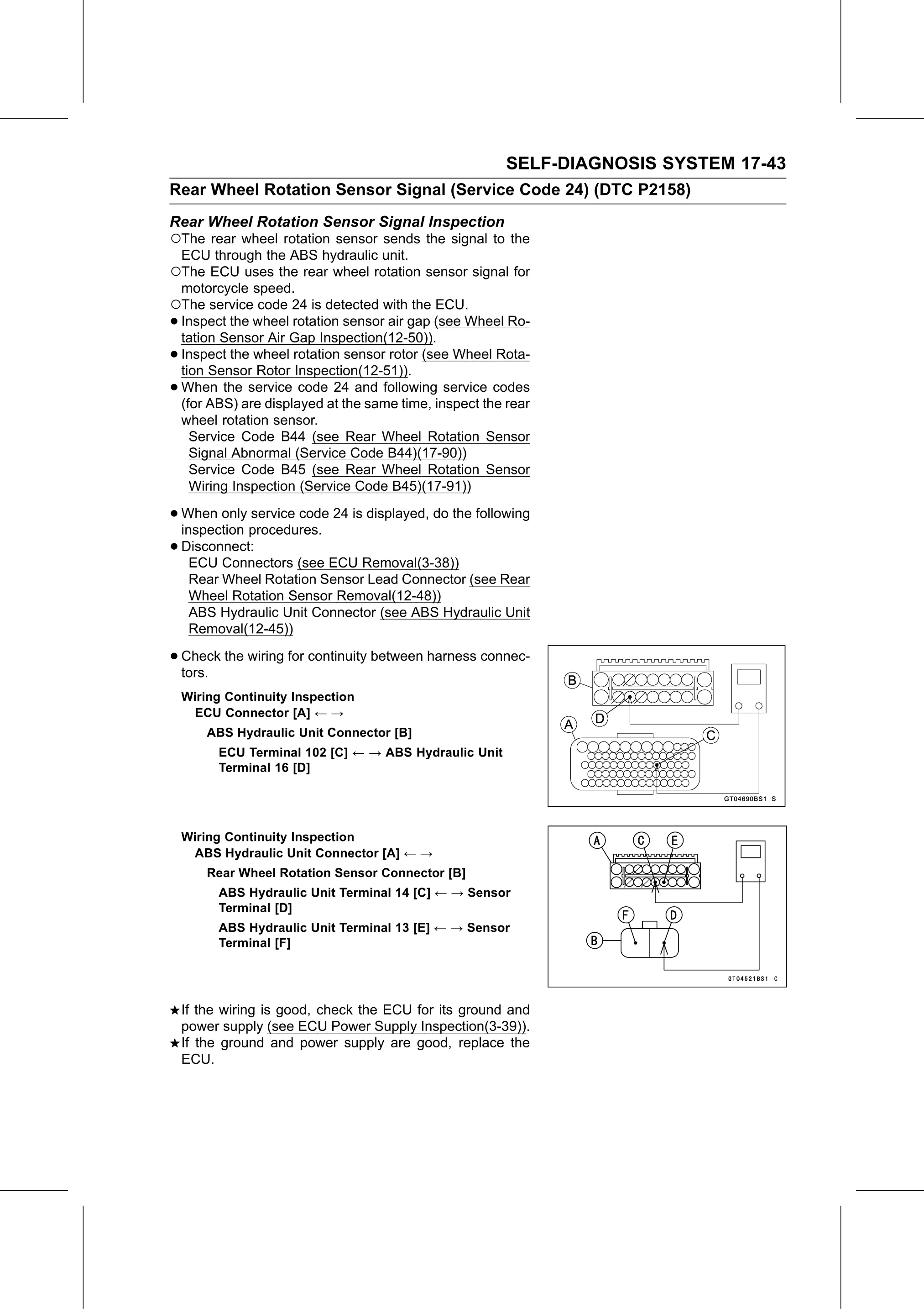 Service Manual (KLZ1000C) page 645 — Self-Diagnosis System › Rear Wheel Rotation Sensor Signal Inspection