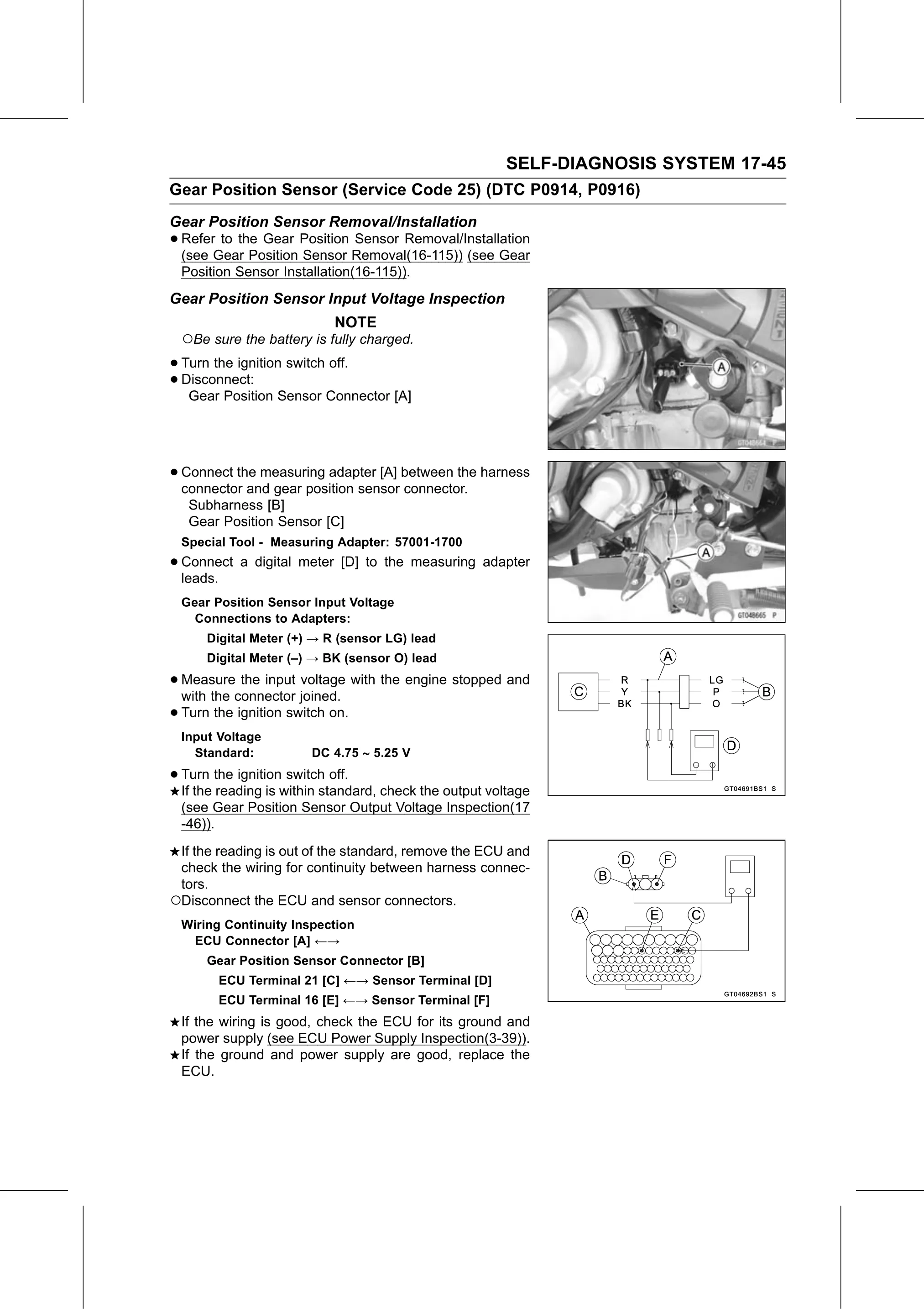 Service Manual (KLZ1000C) page 647 — Self-Diagnosis System › Gear Position Sensor Input Voltage Inspection
