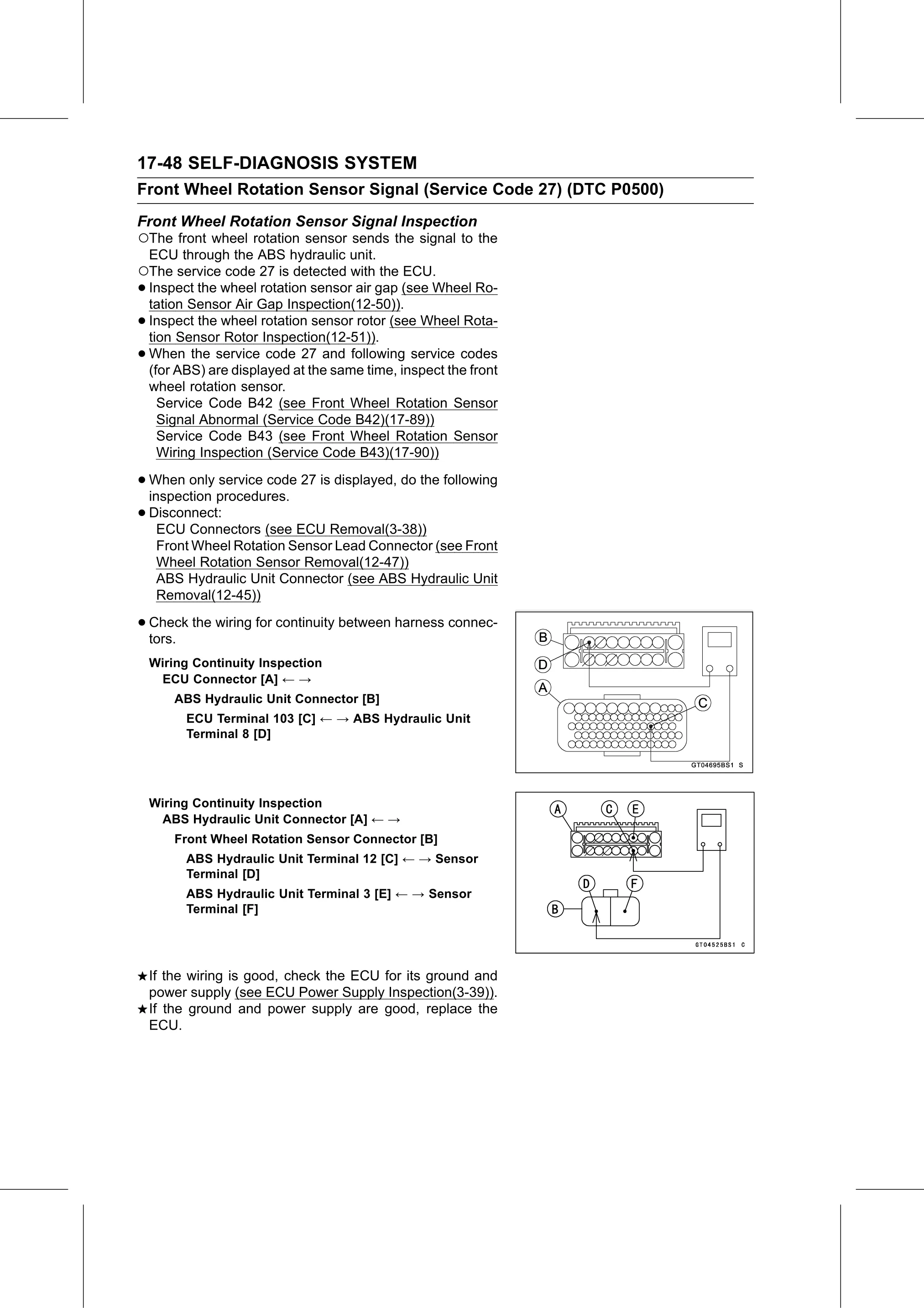 Service Manual (KLZ1000C) page 650 — Self-Diagnosis System › Front Wheel Rotation Sensor Signal Inspection