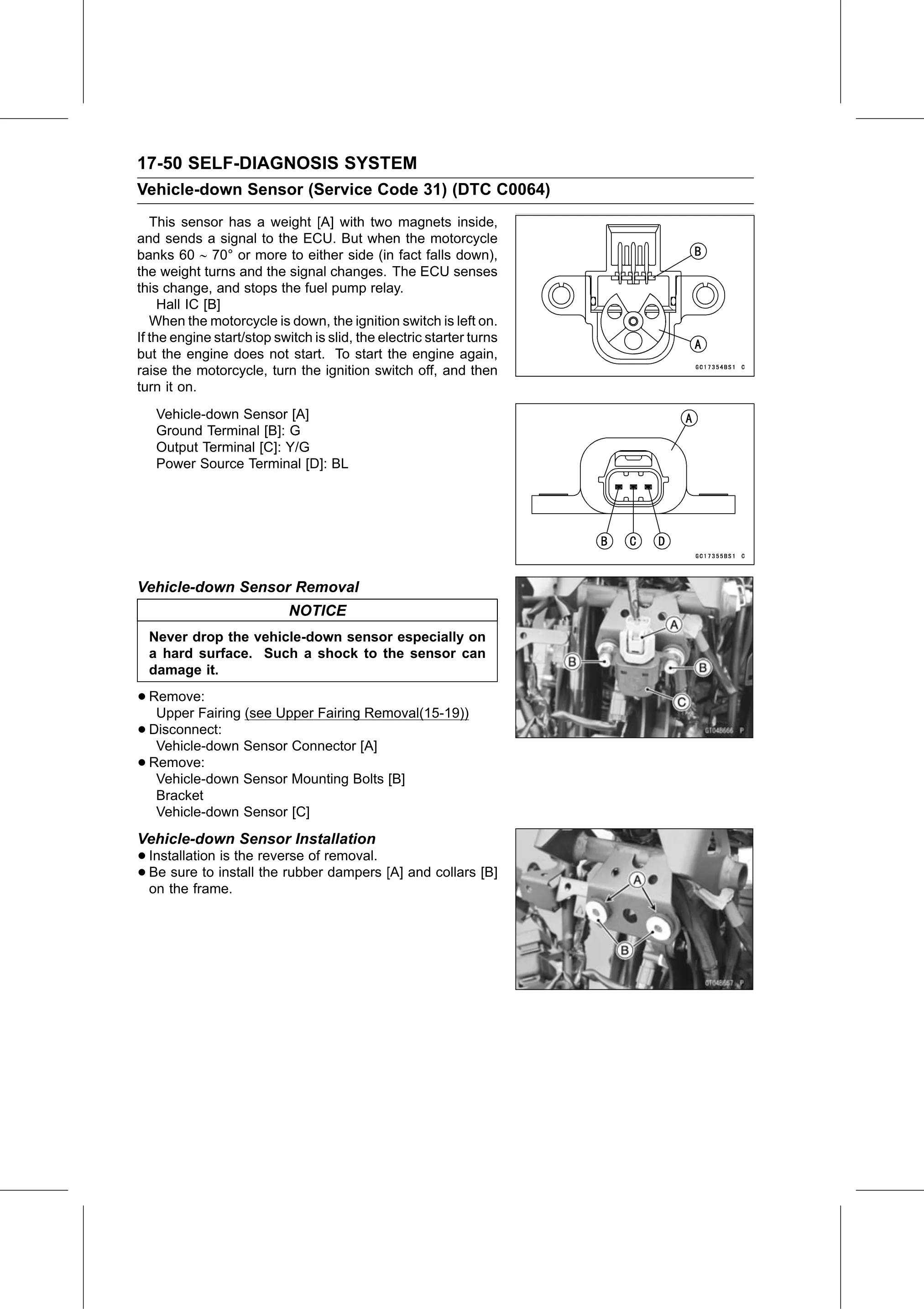 Service Manual (KLZ1000C) page 652 — Self-Diagnosis System › Vehicle-down Sensor Installation